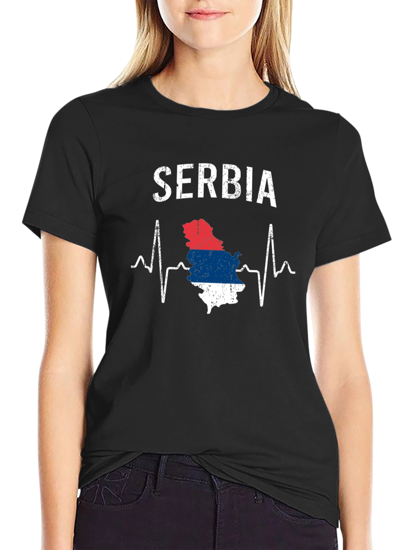 Serbia Heartbeat Flag Graphic Tee - Black