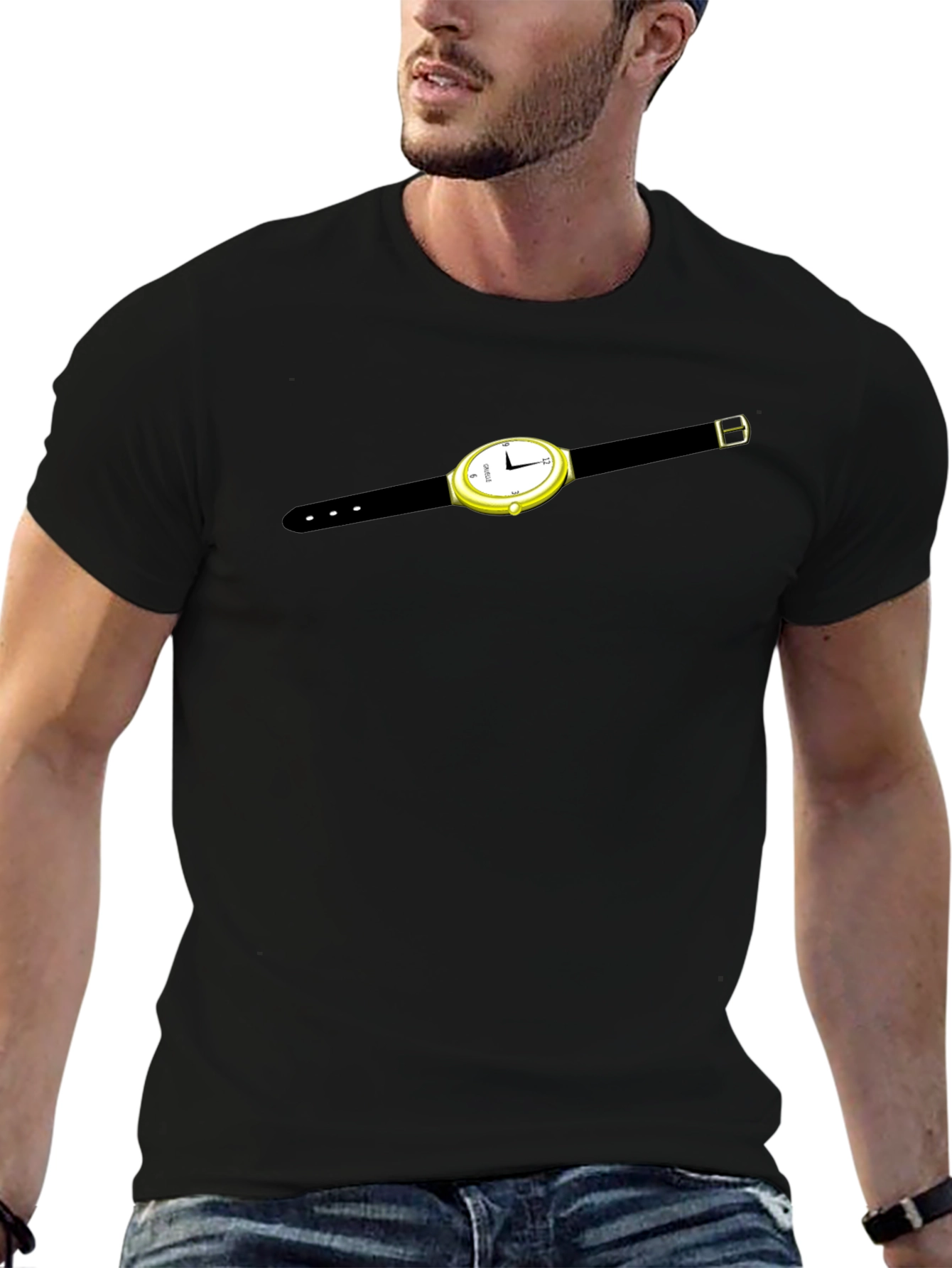 Mens Black T-Shirt with Watch Graphic