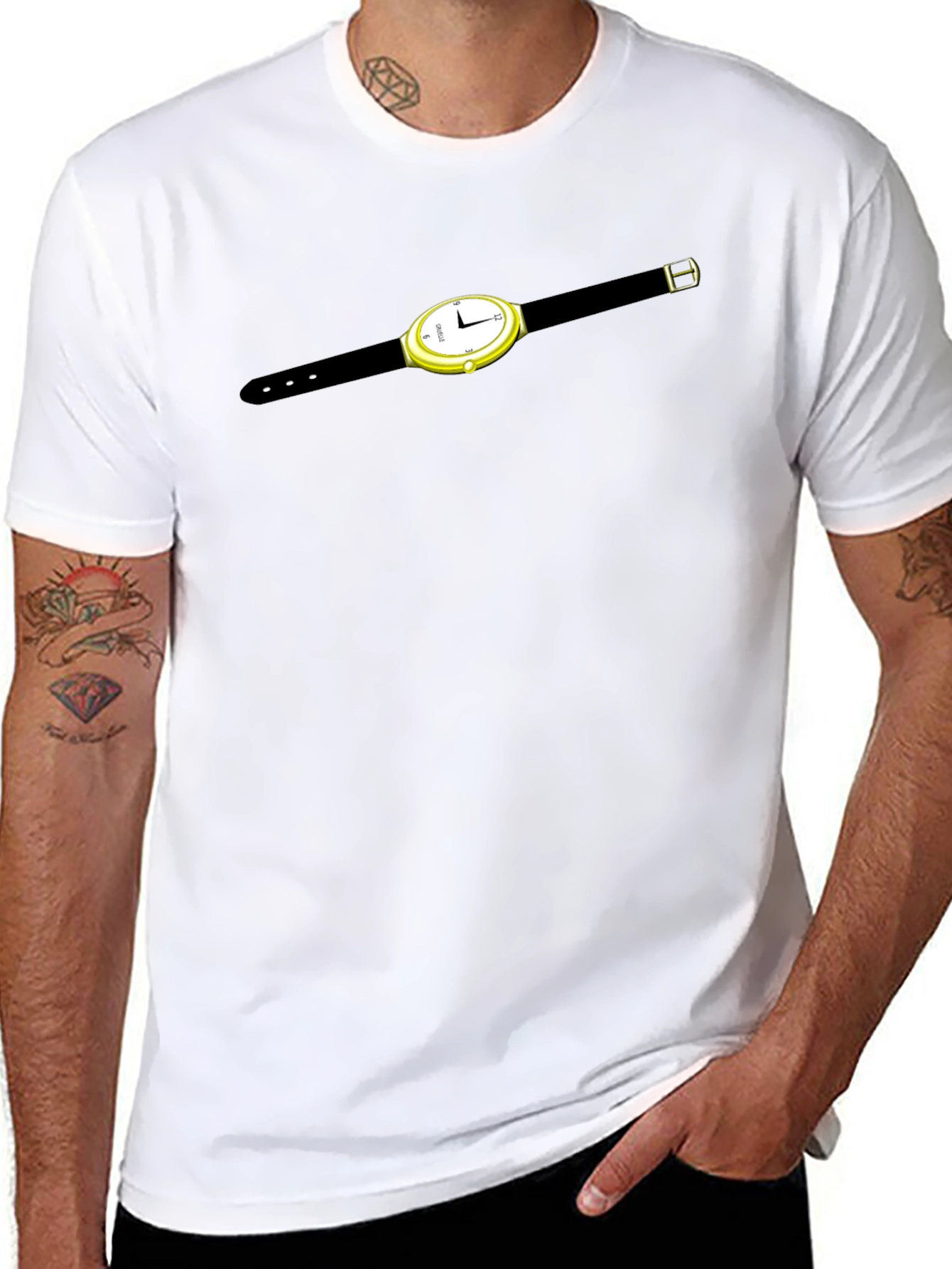 Mens Black T-Shirt with Watch Graphic