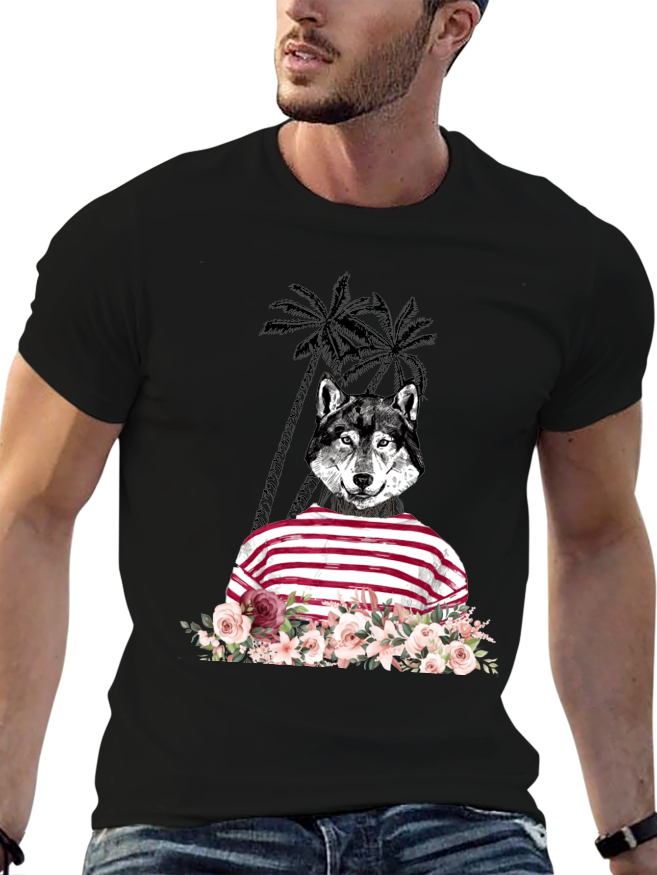 Wolf in Stripes Floral T-Shirt