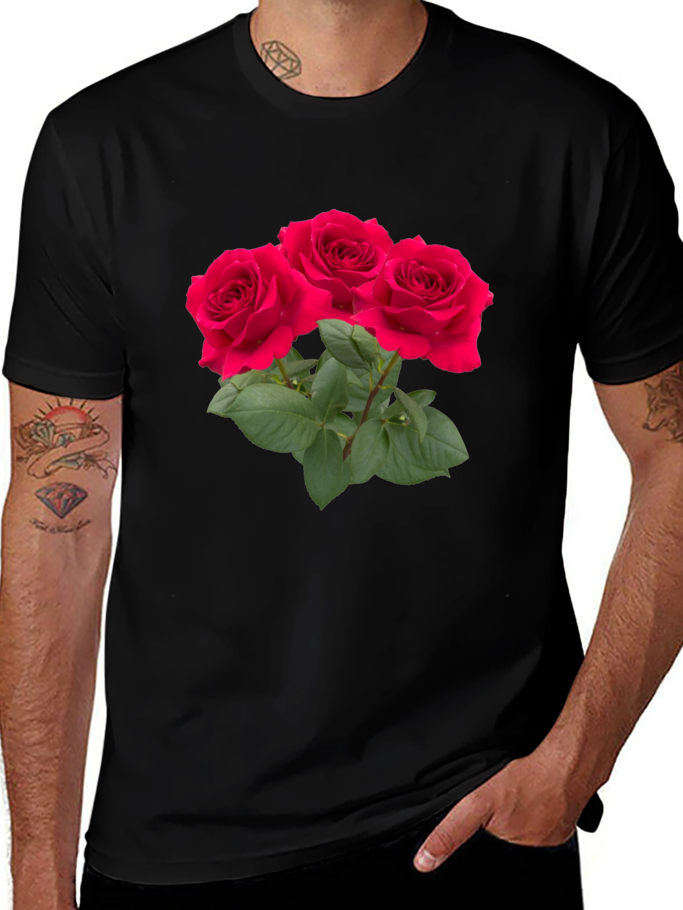 Red Rose Bouquet Graphic Black T-Shirt
