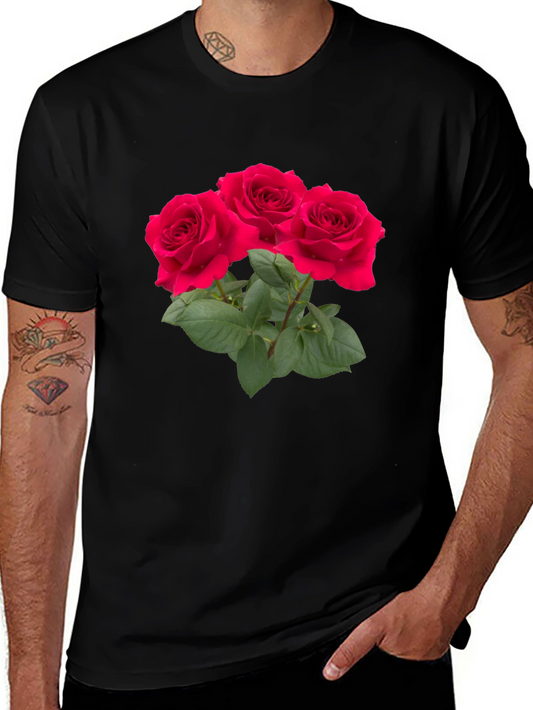 Red Rose Bouquet Graphic Black T-Shirt