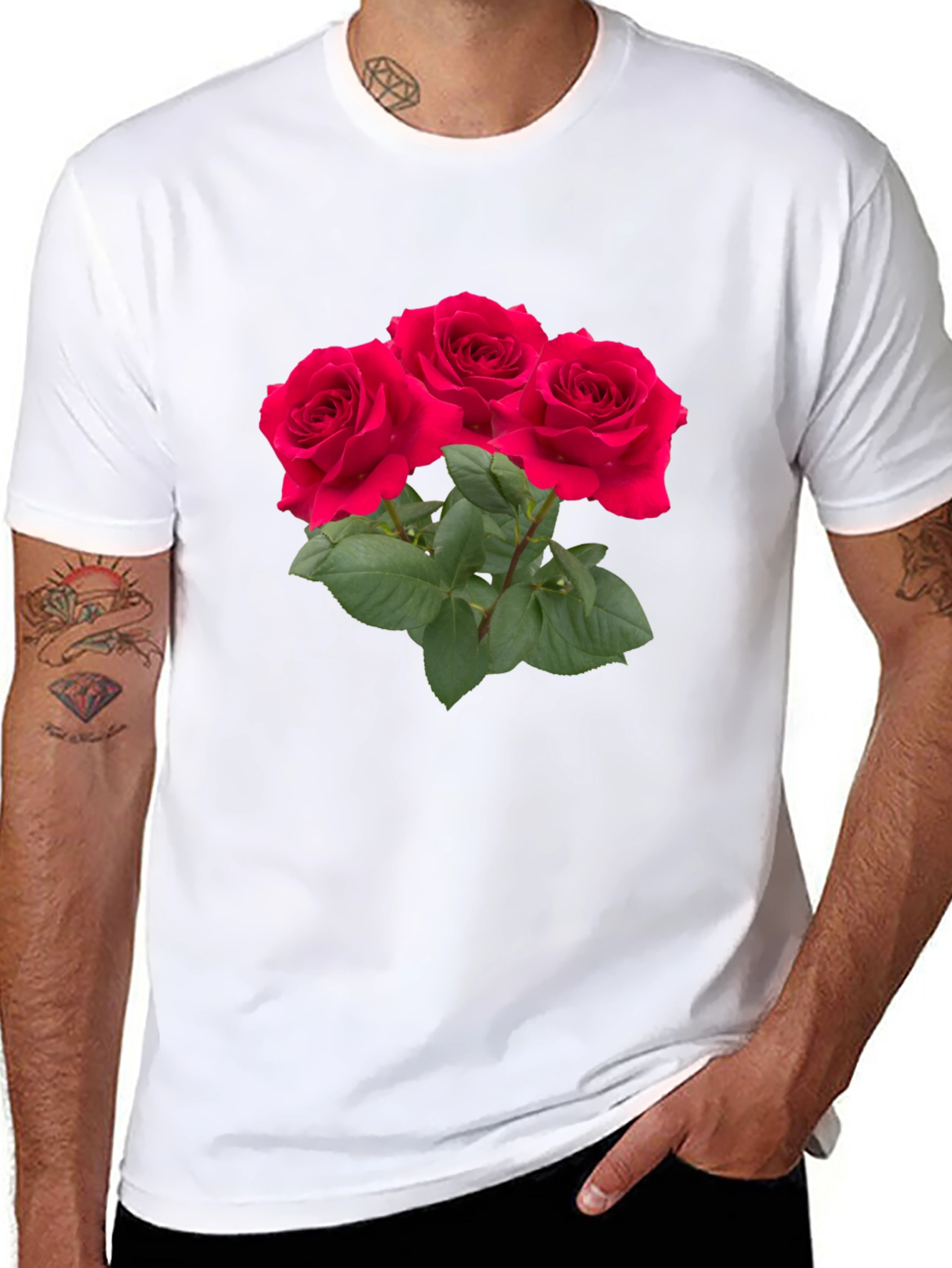 Red Rose Bouquet Graphic Black T-Shirt