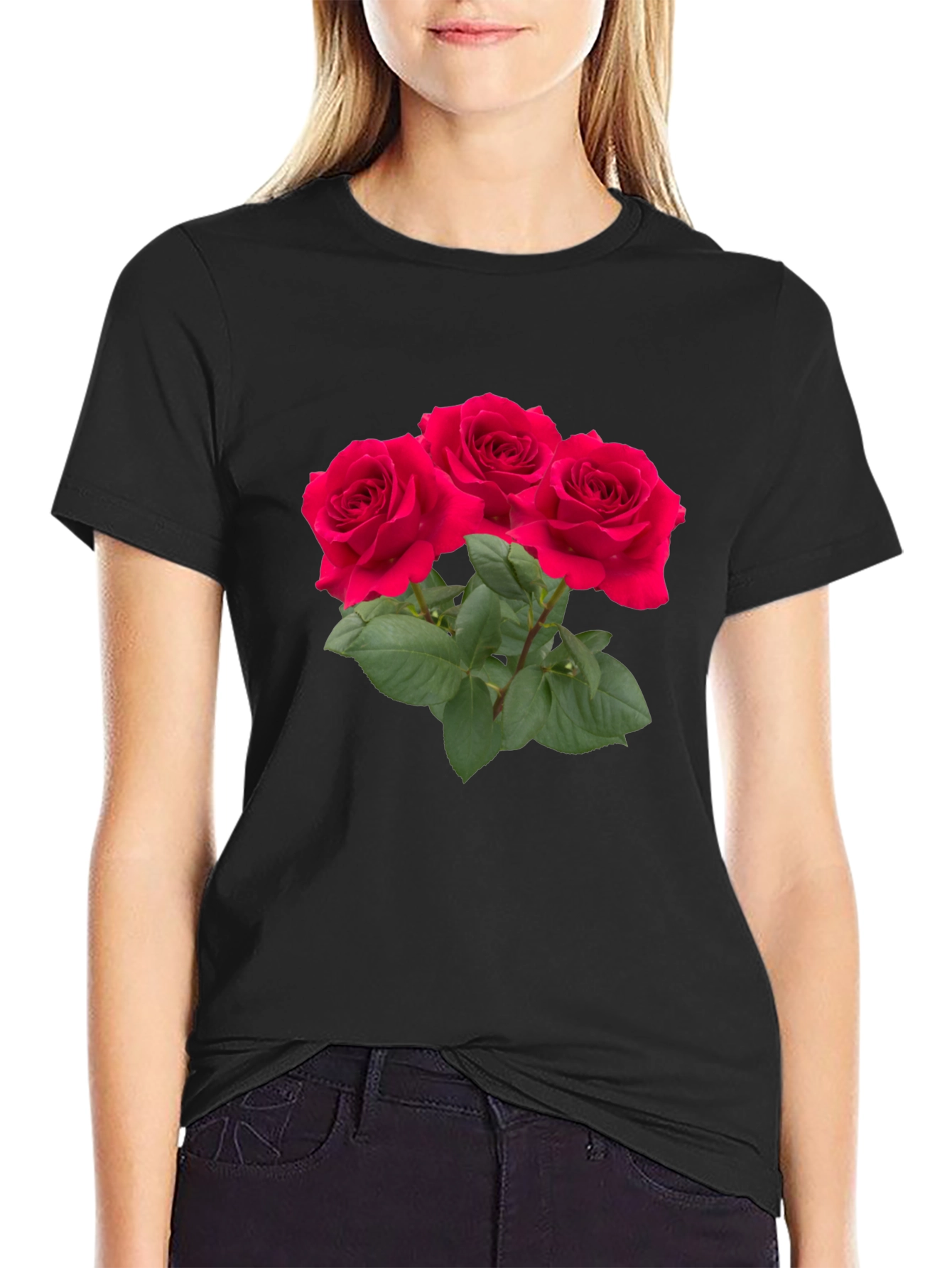 Red Rose Bouquet Graphic Black T-Shirt