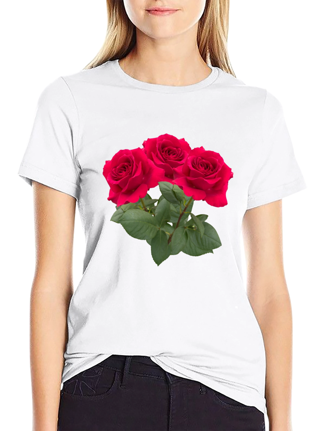 Red Rose Bouquet Graphic Black T-Shirt