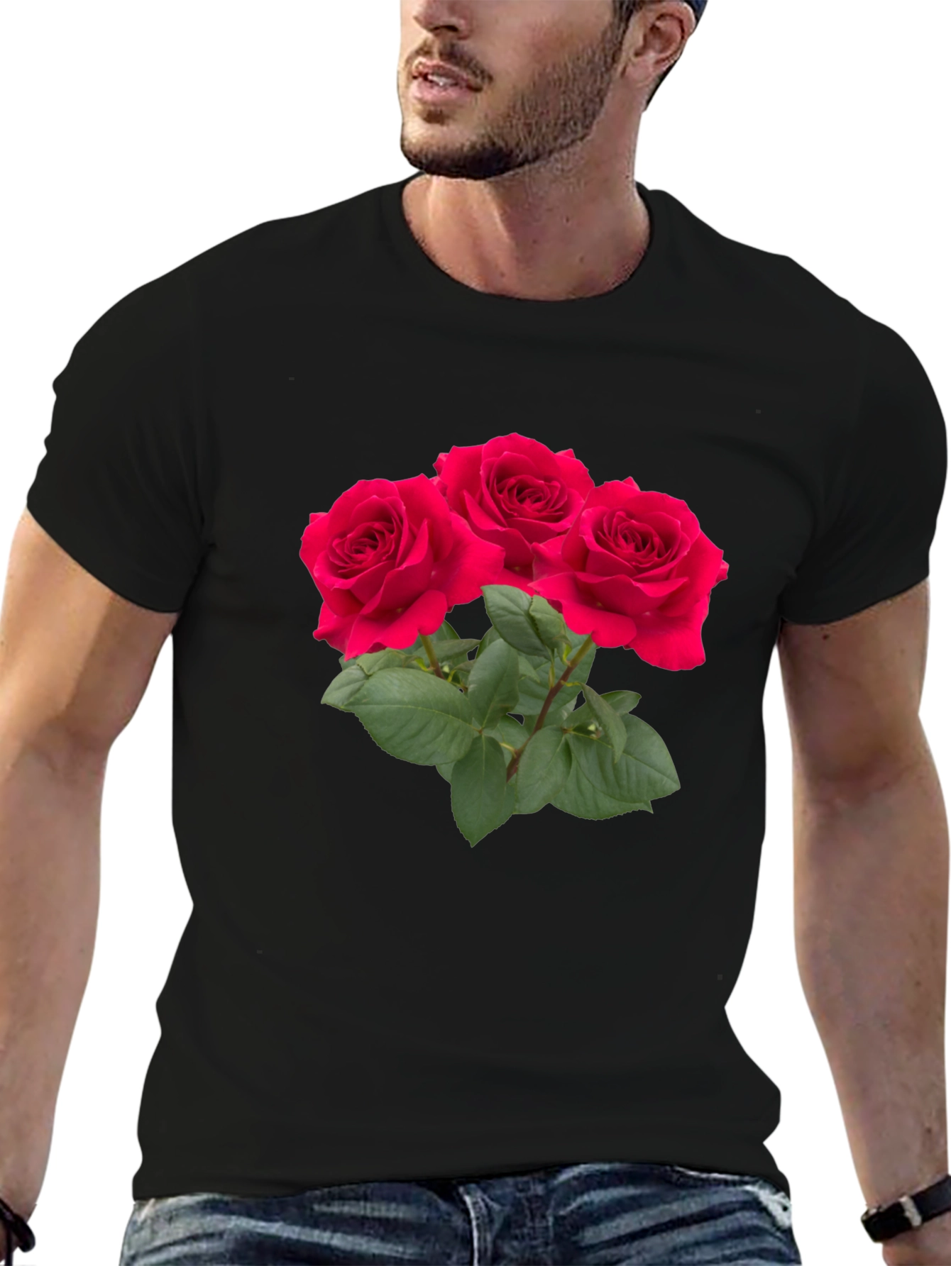 Red Rose Bouquet Graphic Black T-Shirt
