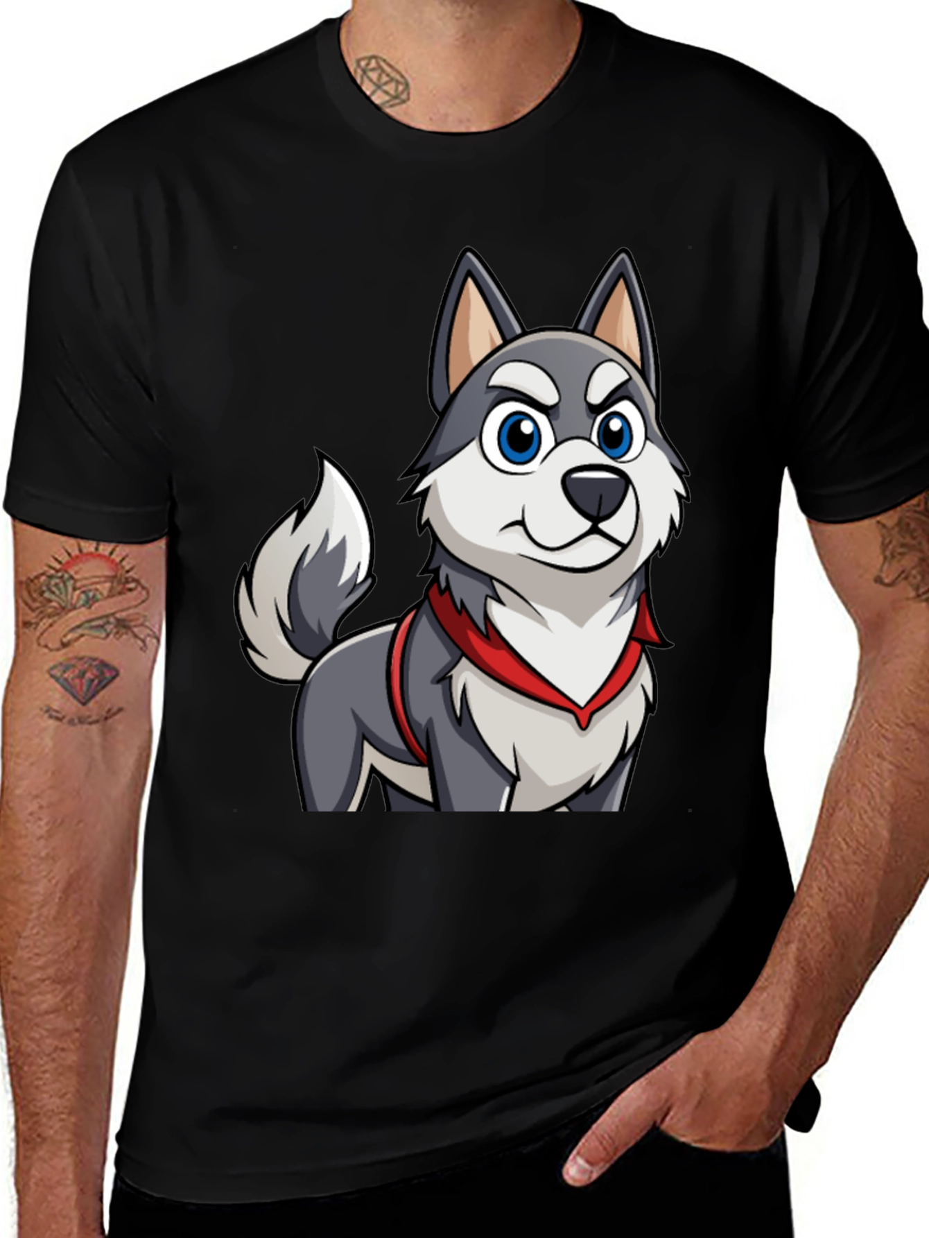 Cartoon Husky Dog Graphic Tee - Mens Black T-Shirt