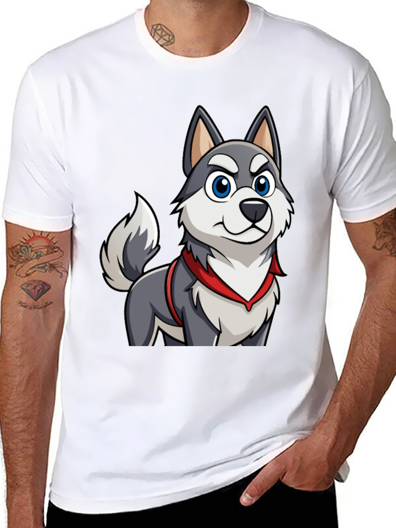 Cartoon Husky Dog Graphic Tee - Mens Black T-Shirt