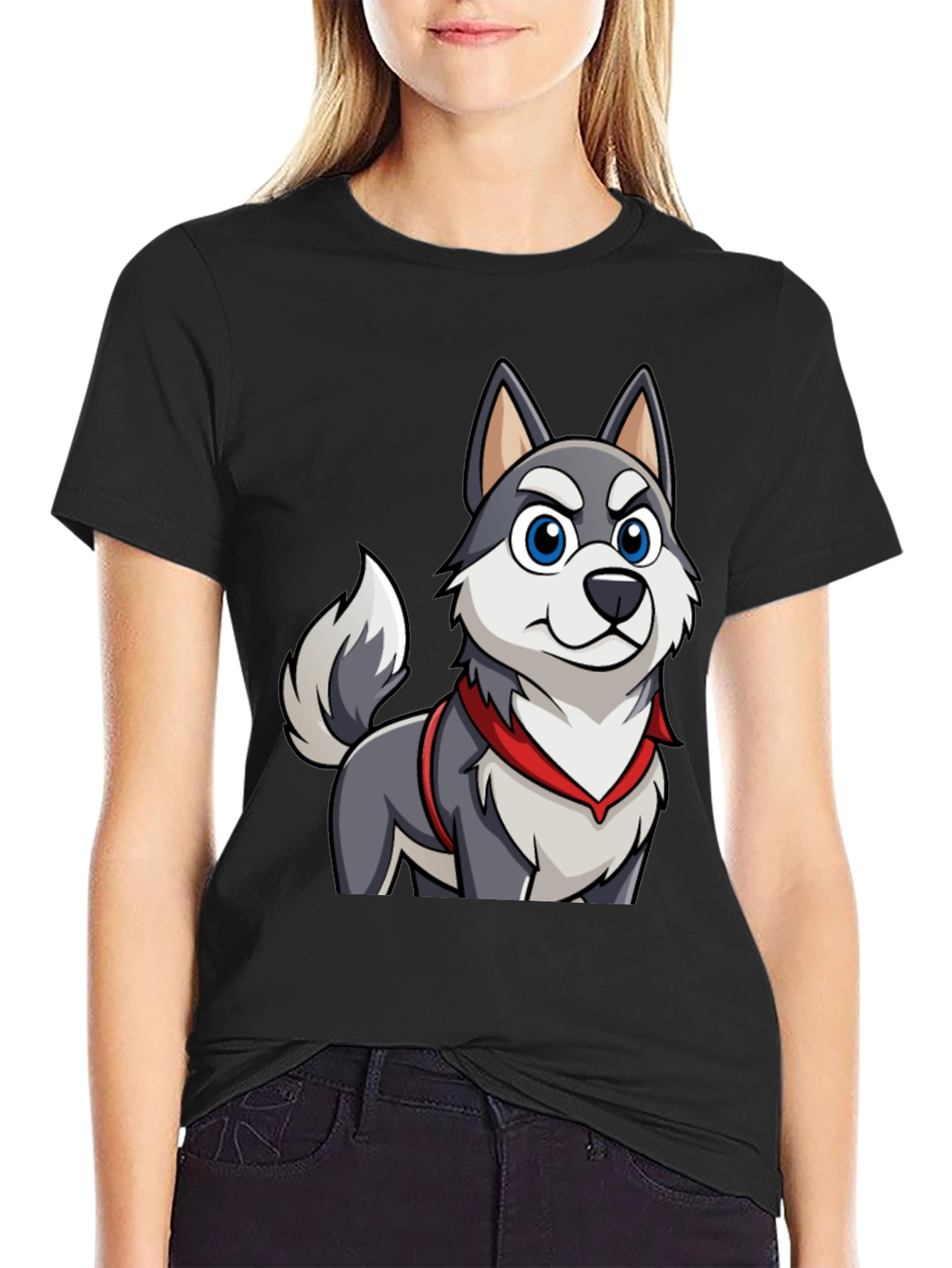 Cartoon Husky Dog Graphic Tee - Mens Black T-Shirt