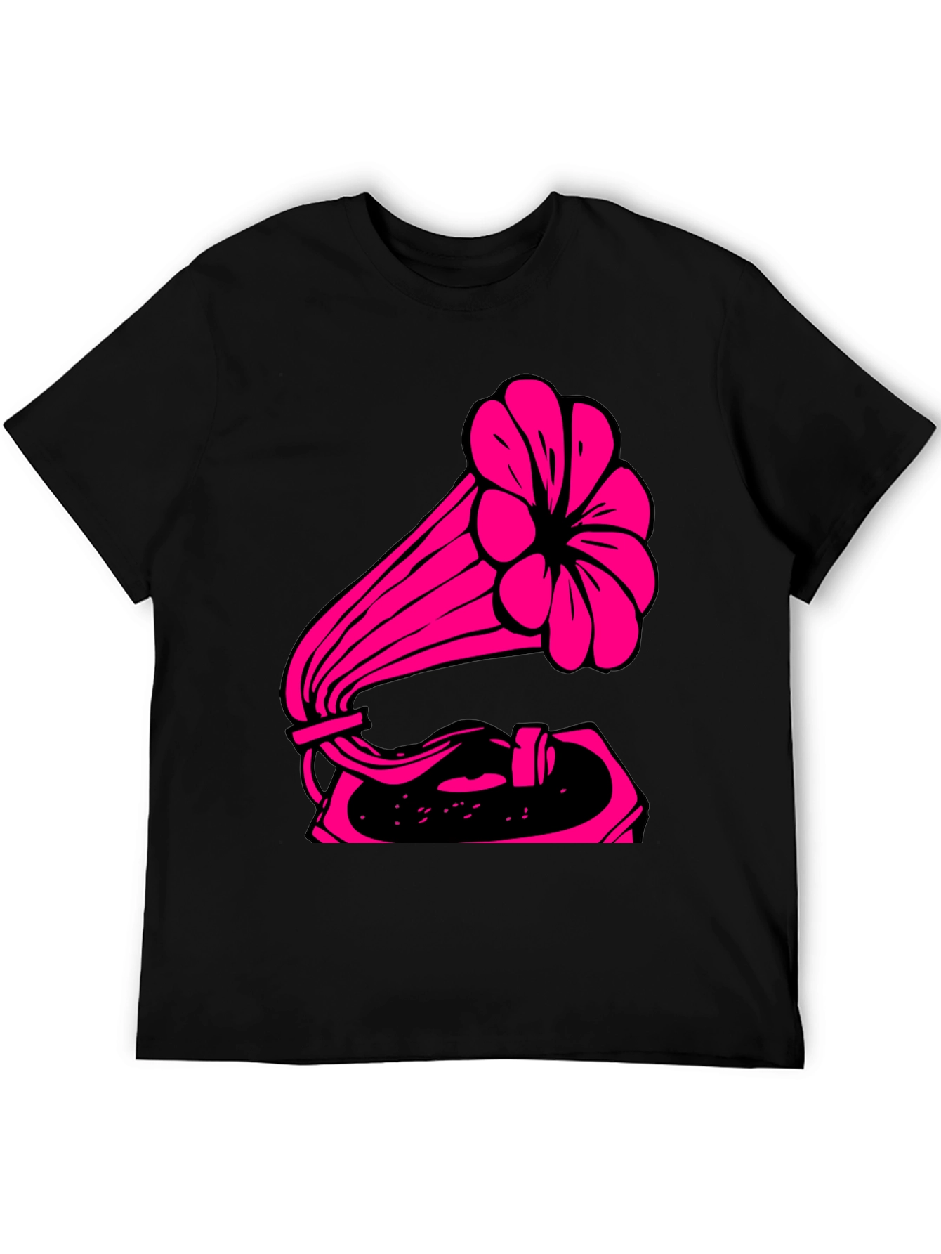 Retro Pink Gramophone Black Tee - Classic Music Vibe