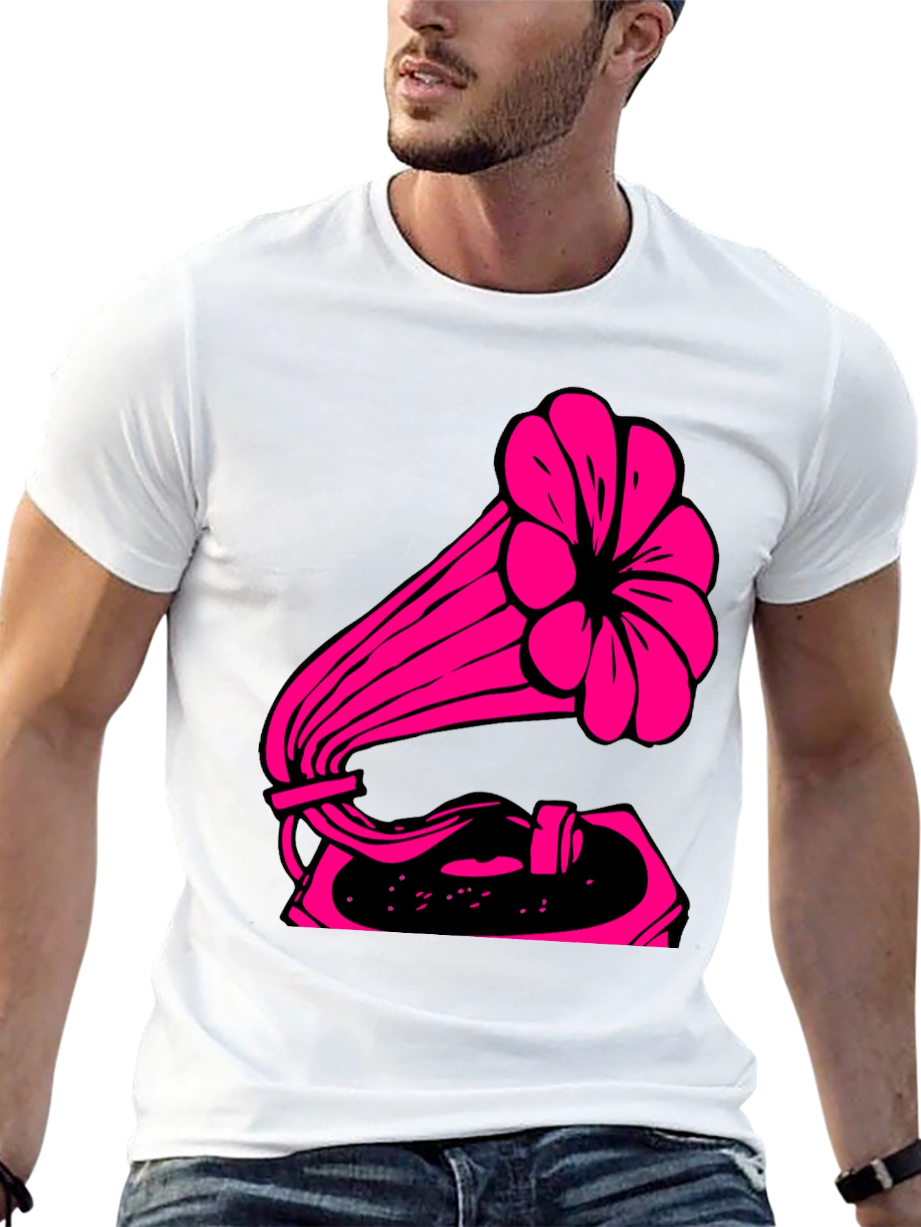 Retro Pink Gramophone Black Tee - Classic Music Vibe
