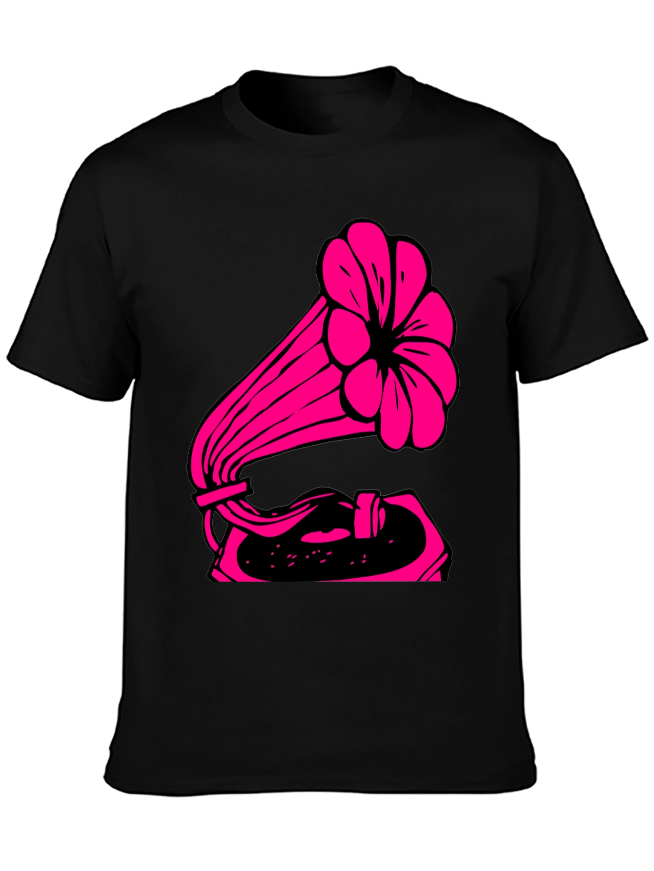 Retro Pink Gramophone Black Tee - Classic Music Vibe