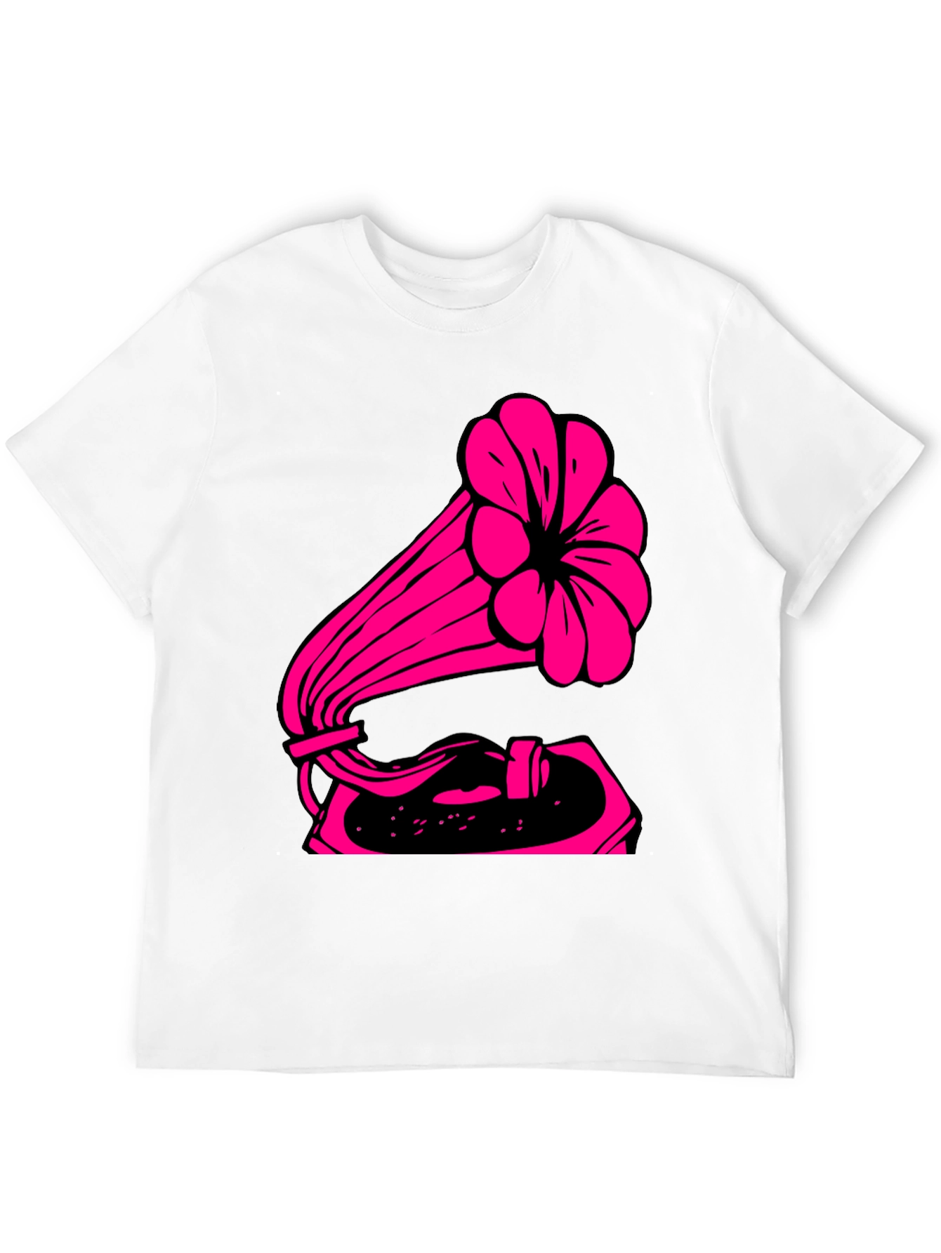 Retro Pink Gramophone Black Tee - Classic Music Vibe
