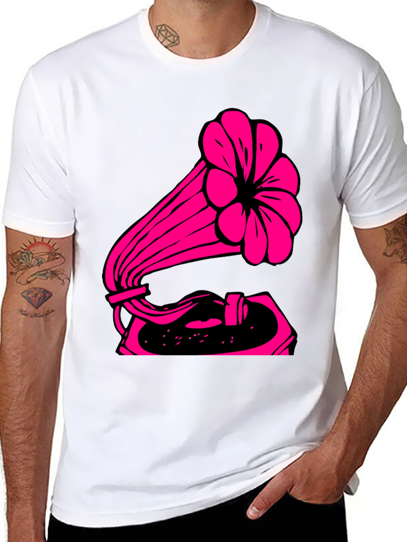 Retro Pink Gramophone Black Tee - Classic Music Vibe