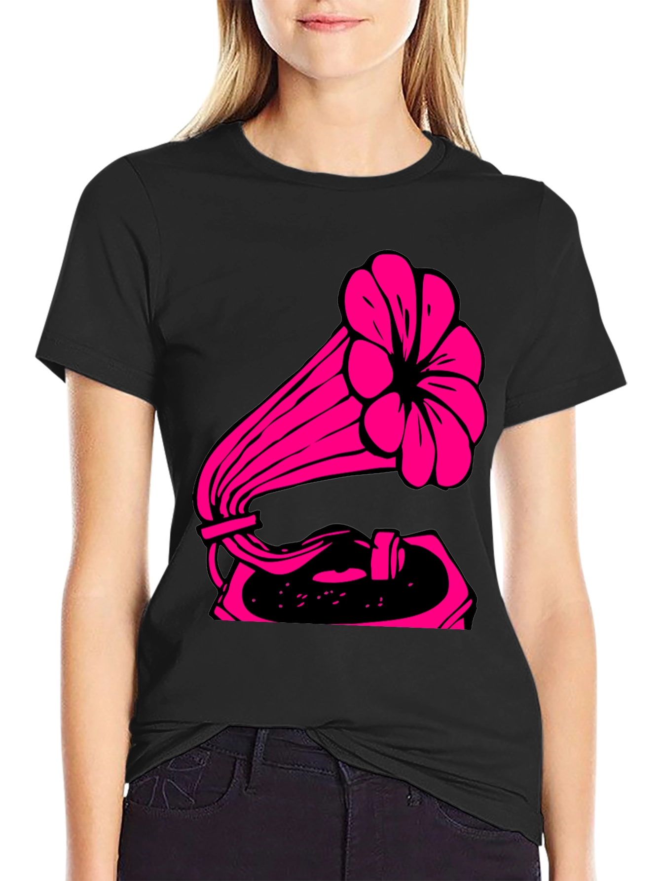Retro Pink Gramophone Black Tee - Classic Music Vibe
