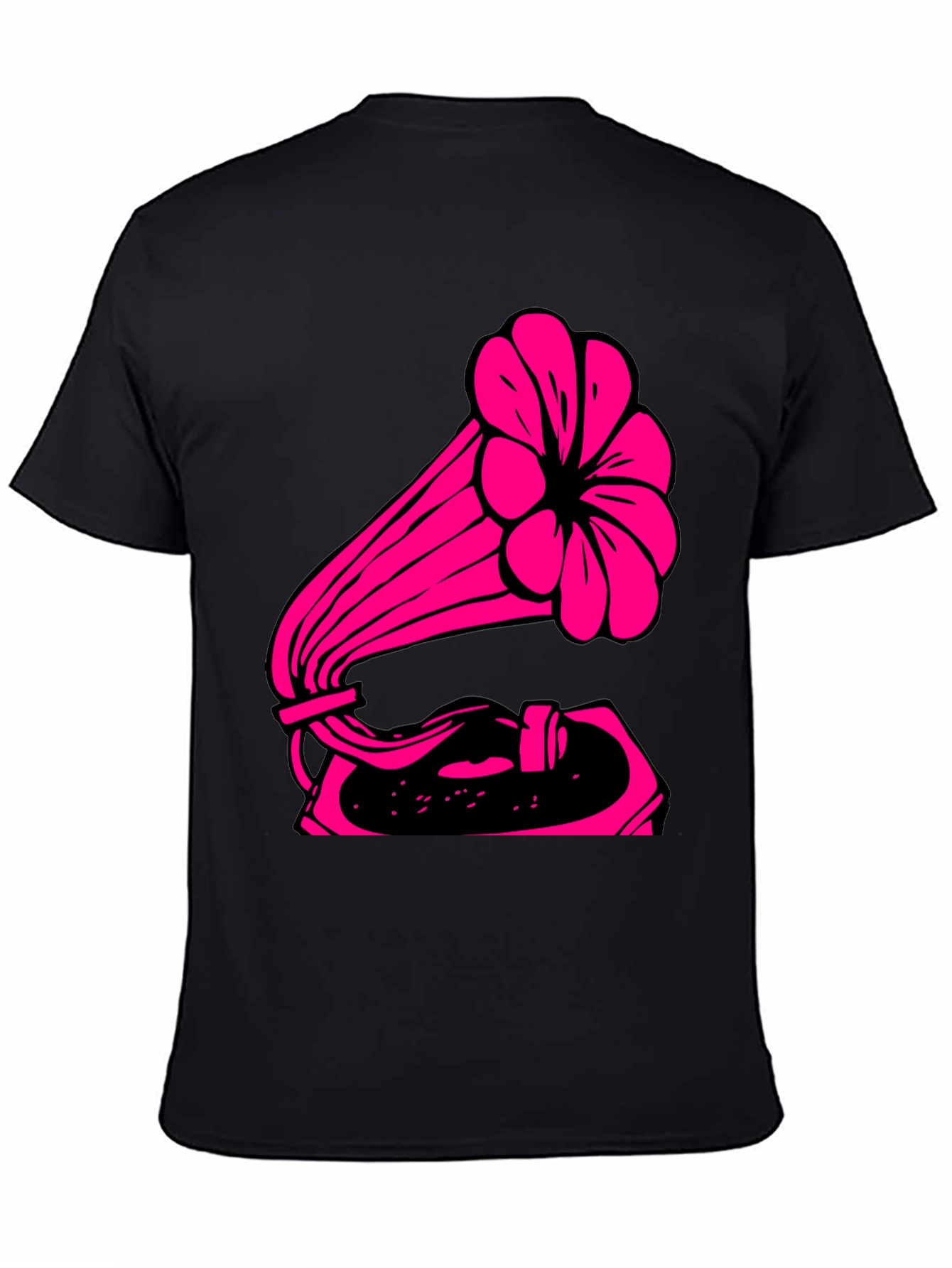 Retro Pink Gramophone Black Tee - Classic Music Vibe