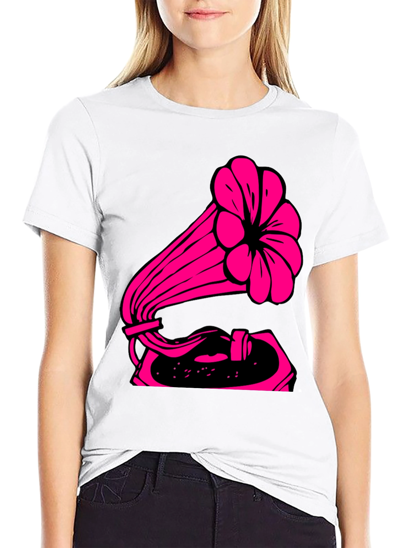 Retro Pink Gramophone Black Tee - Classic Music Vibe