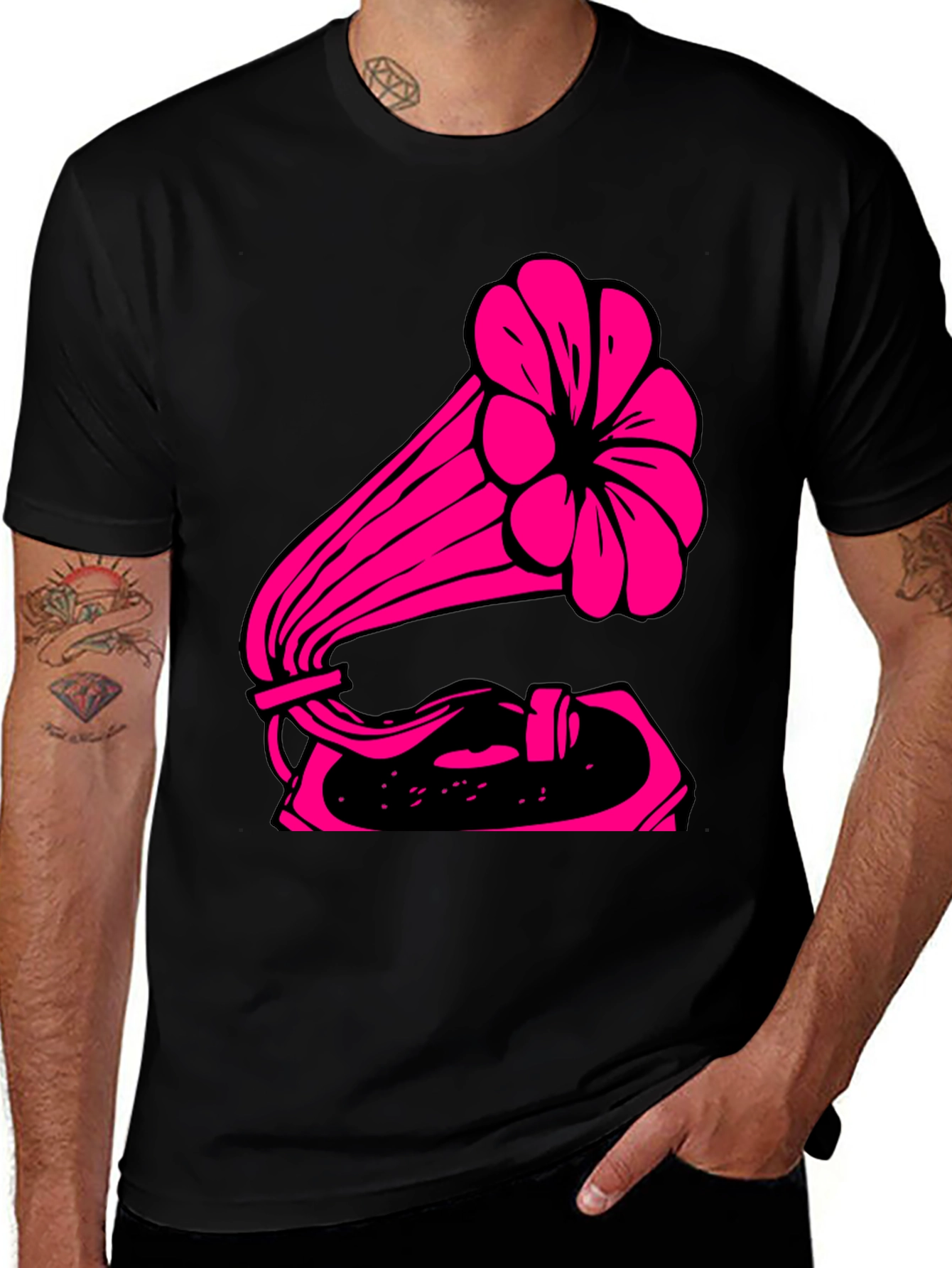 Retro Pink Gramophone Black Tee - Classic Music Vibe