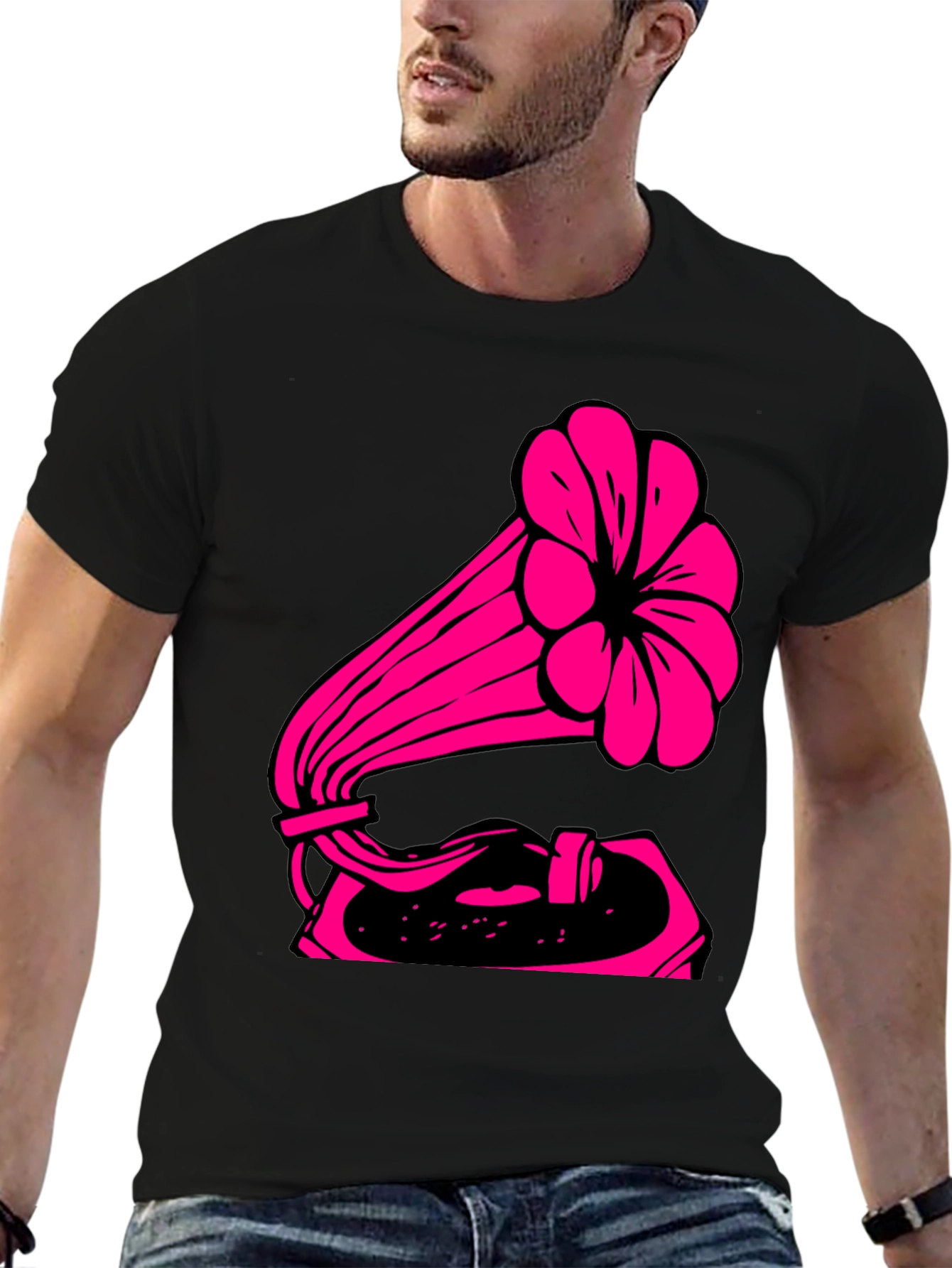 Retro Pink Gramophone Black Tee - Classic Music Vibe