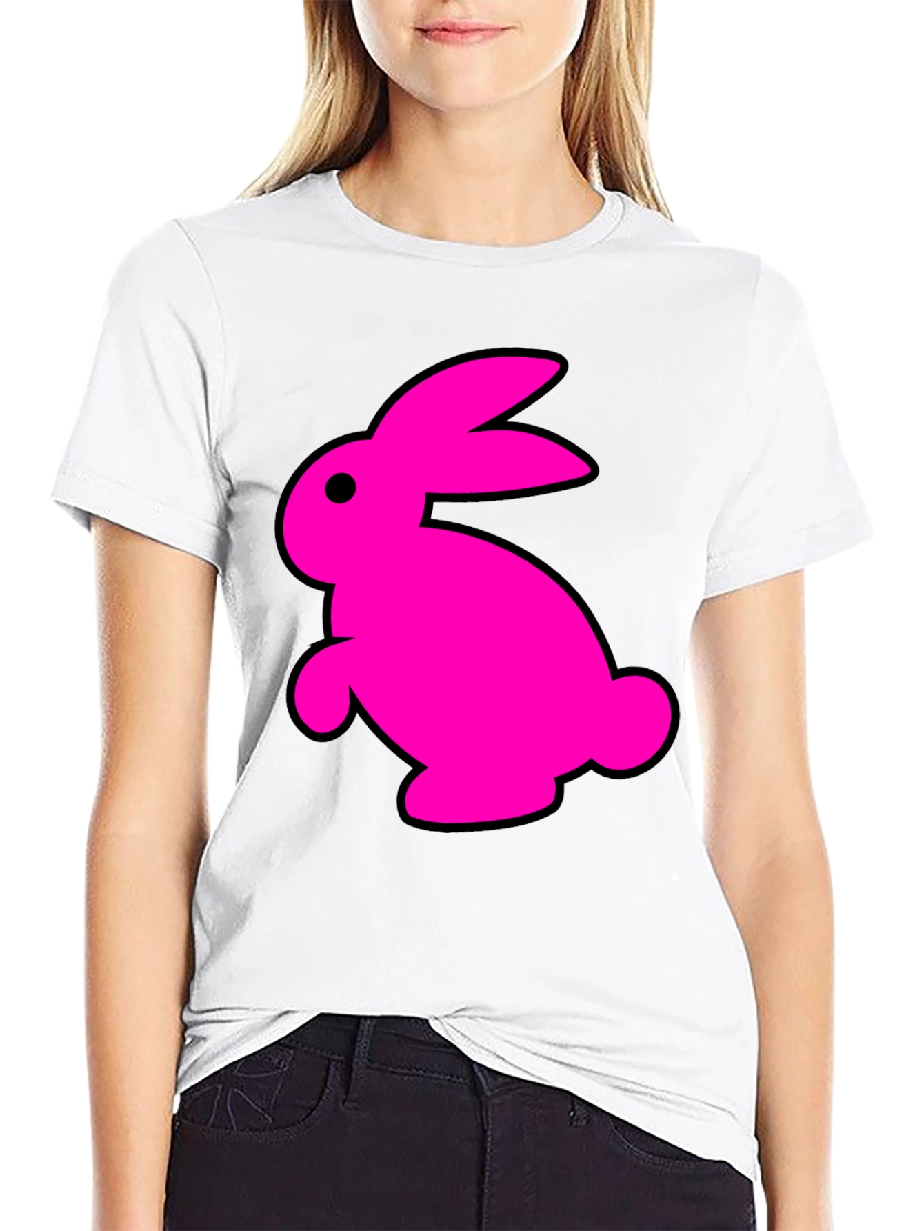 Black T-Shirt with Fun Pink Rabbit Graphic