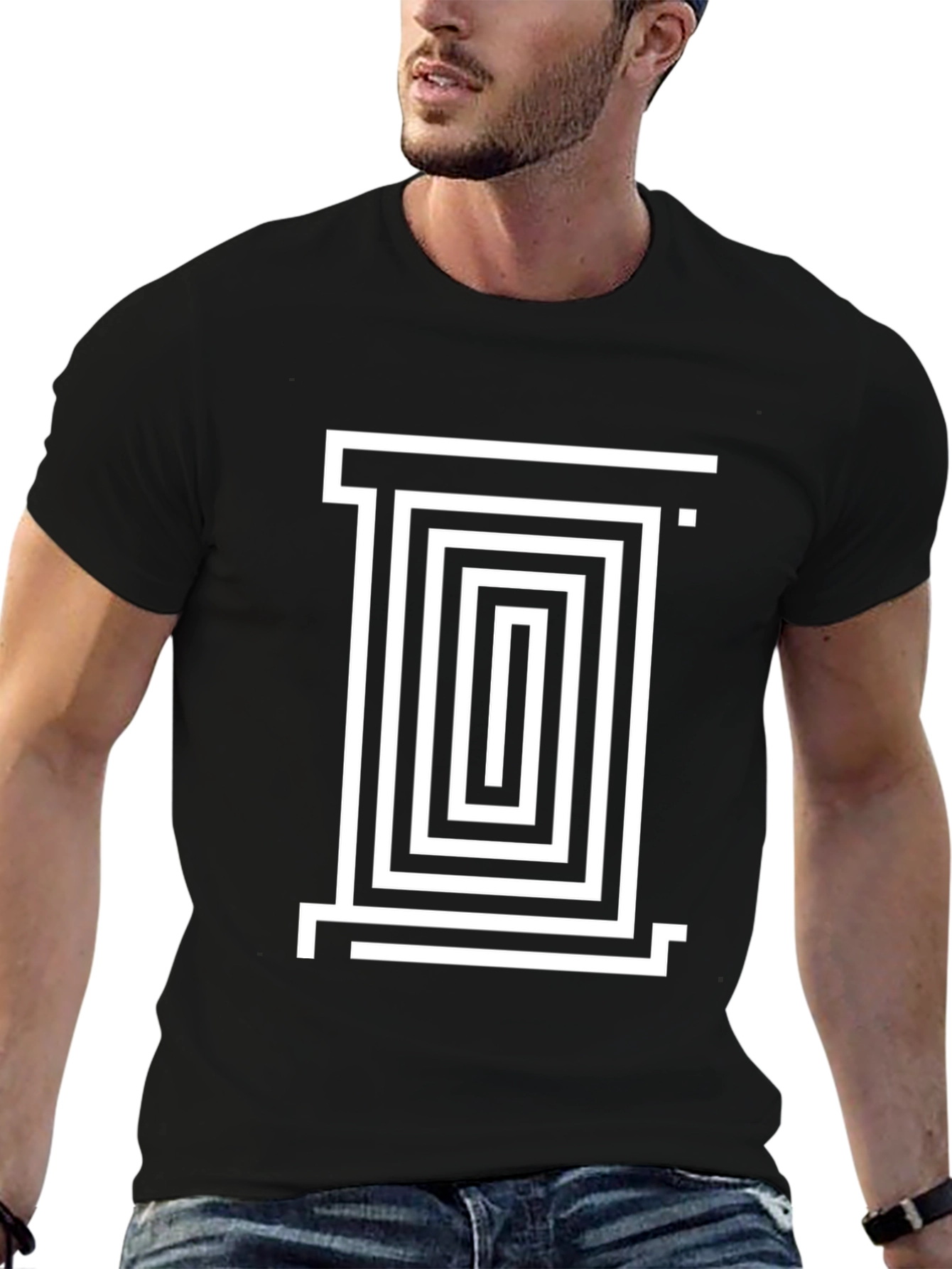 Geometric Maze Design Black T-Shirt