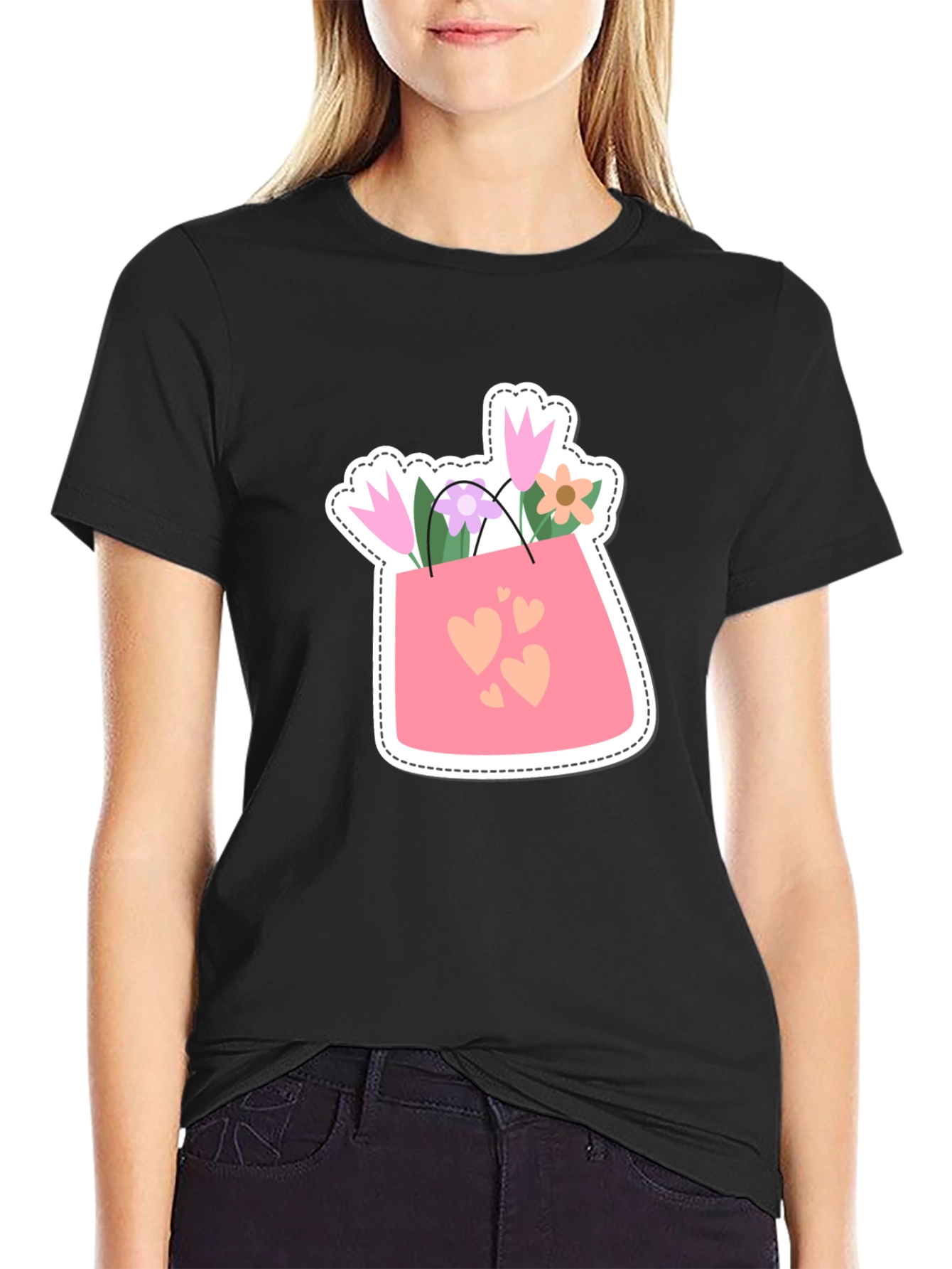 Floral Hearts Graphic Tee - Black Casual Shirt