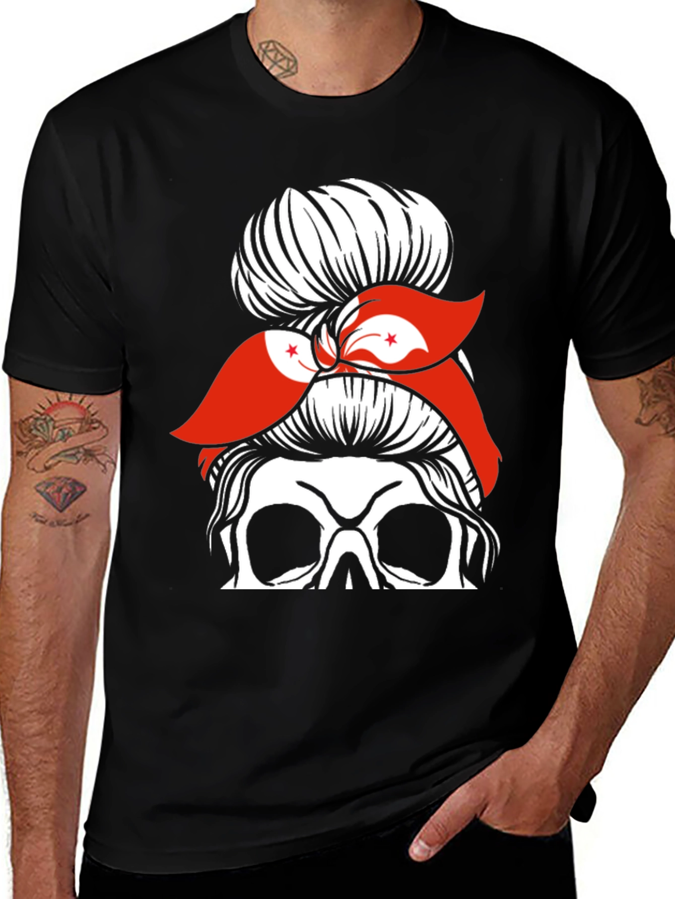 Messy Bun Skull Hong Kong Flag Graphic Tee