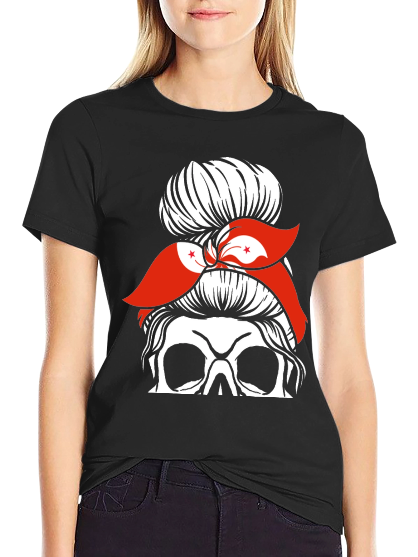 Messy Bun Skull Hong Kong Flag Graphic Tee