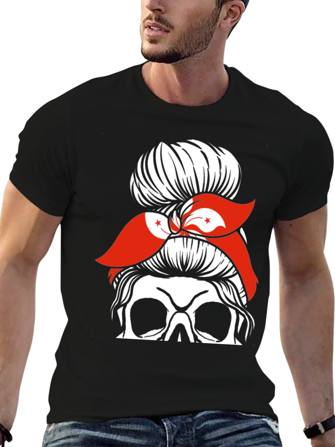 Messy Bun Skull Hong Kong Flag Graphic Tee