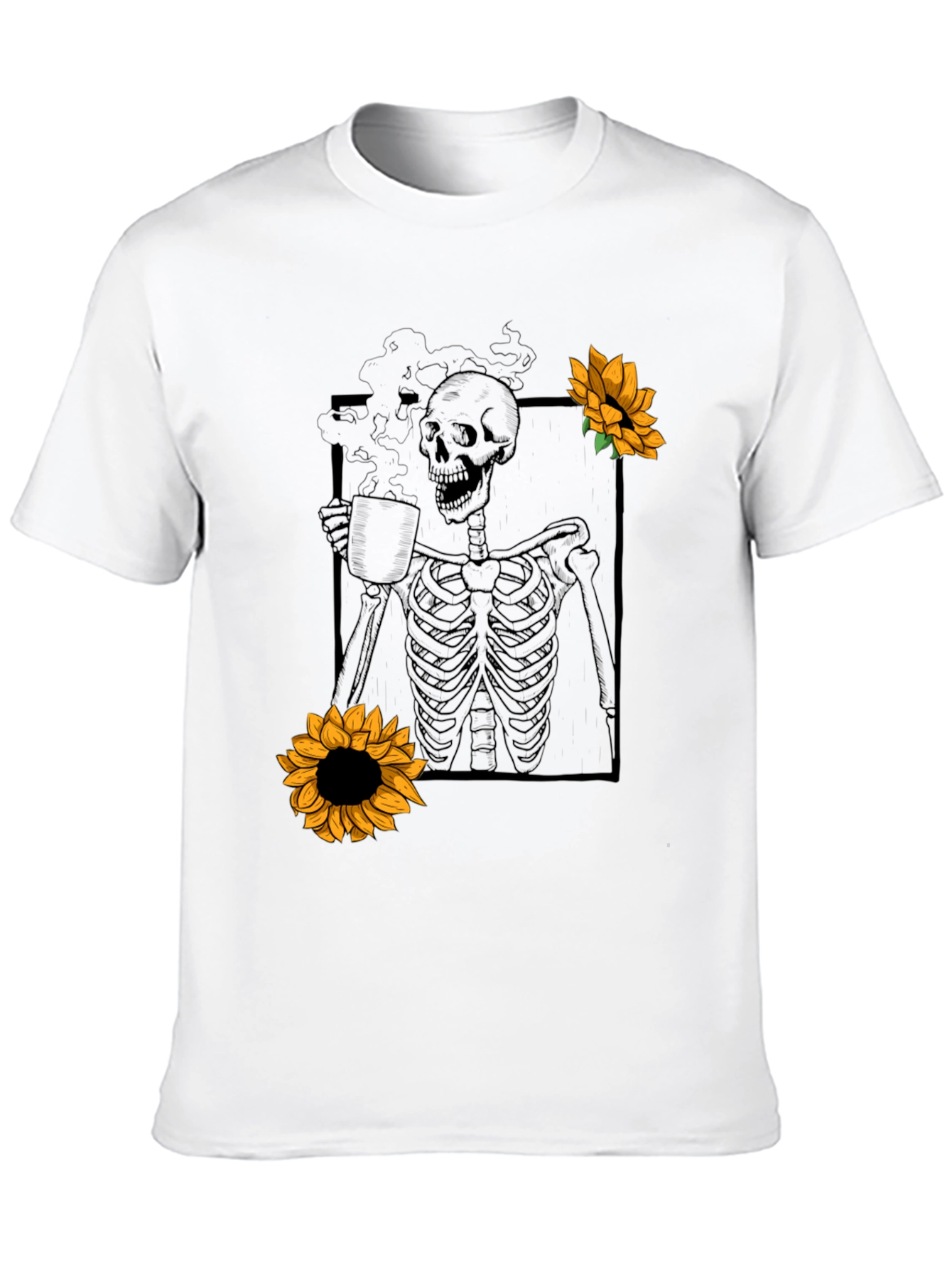 Skeleton Coffee Sunflower Graphic T-Shirt