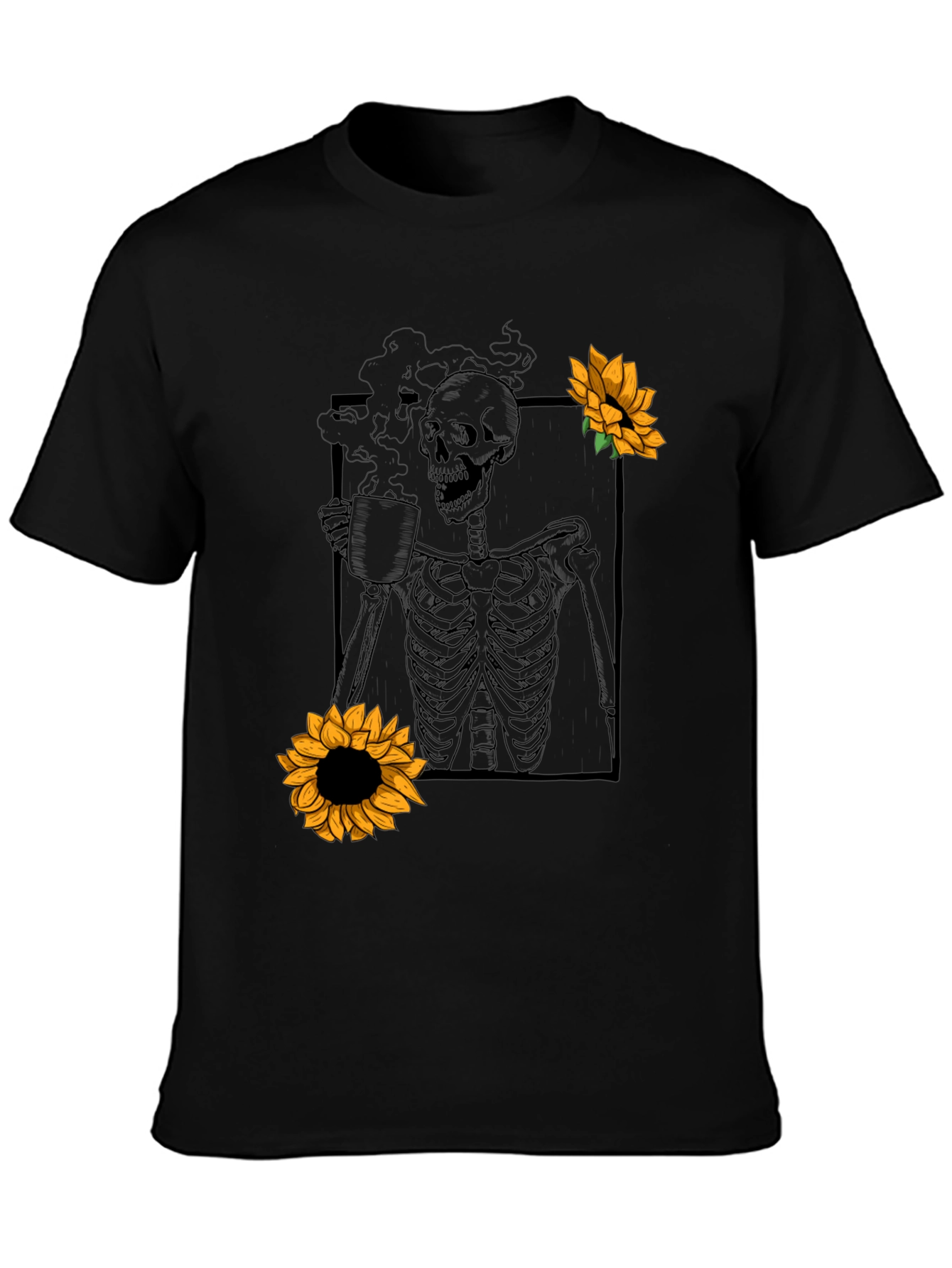 Skeleton Coffee Sunflower Graphic T-Shirt