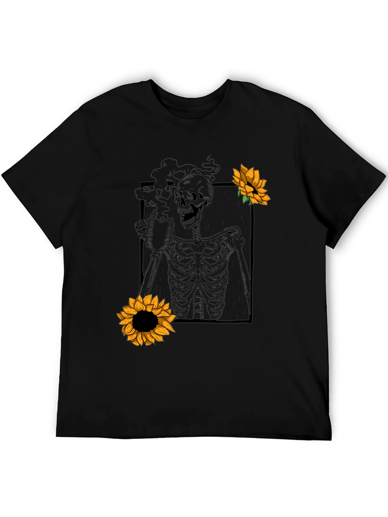 Skeleton Coffee Sunflower Graphic T-Shirt