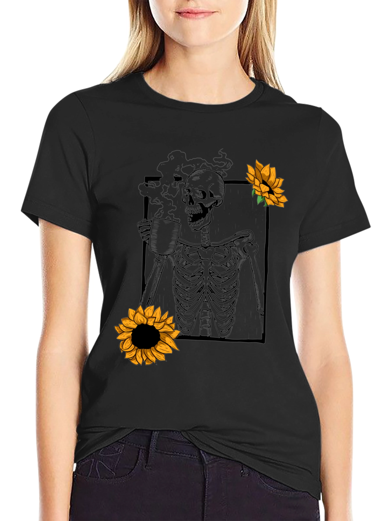 Skeleton Coffee Sunflower Graphic T-Shirt