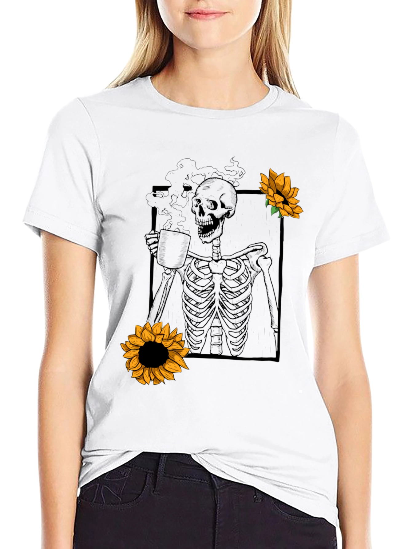 Skeleton Coffee Sunflower Graphic T-Shirt