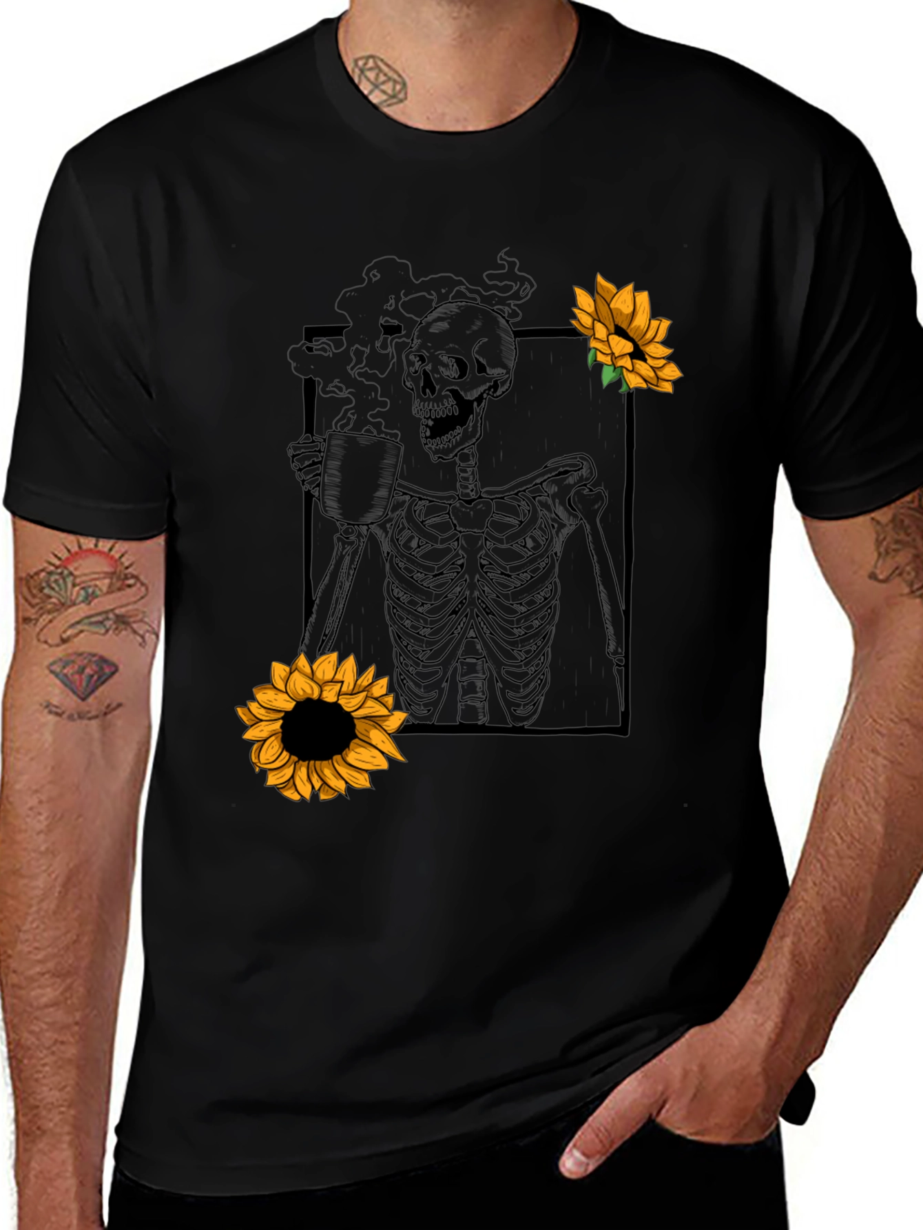 Skeleton Coffee Sunflower Graphic T-Shirt