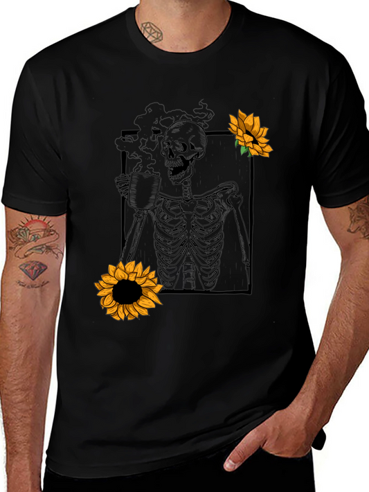Skeleton Coffee Sunflower Graphic T-Shirt
