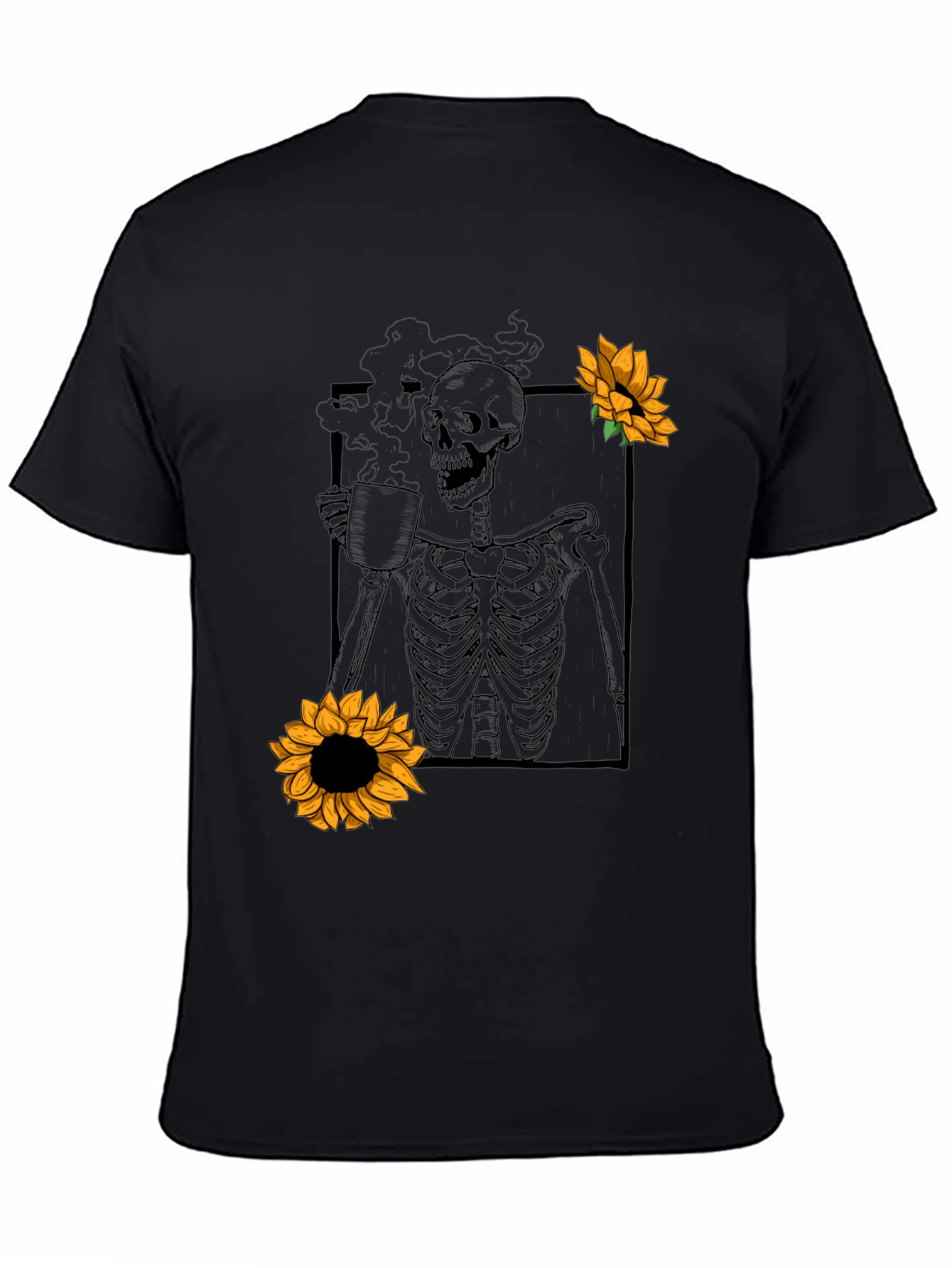 Skeleton Coffee Sunflower Graphic T-Shirt