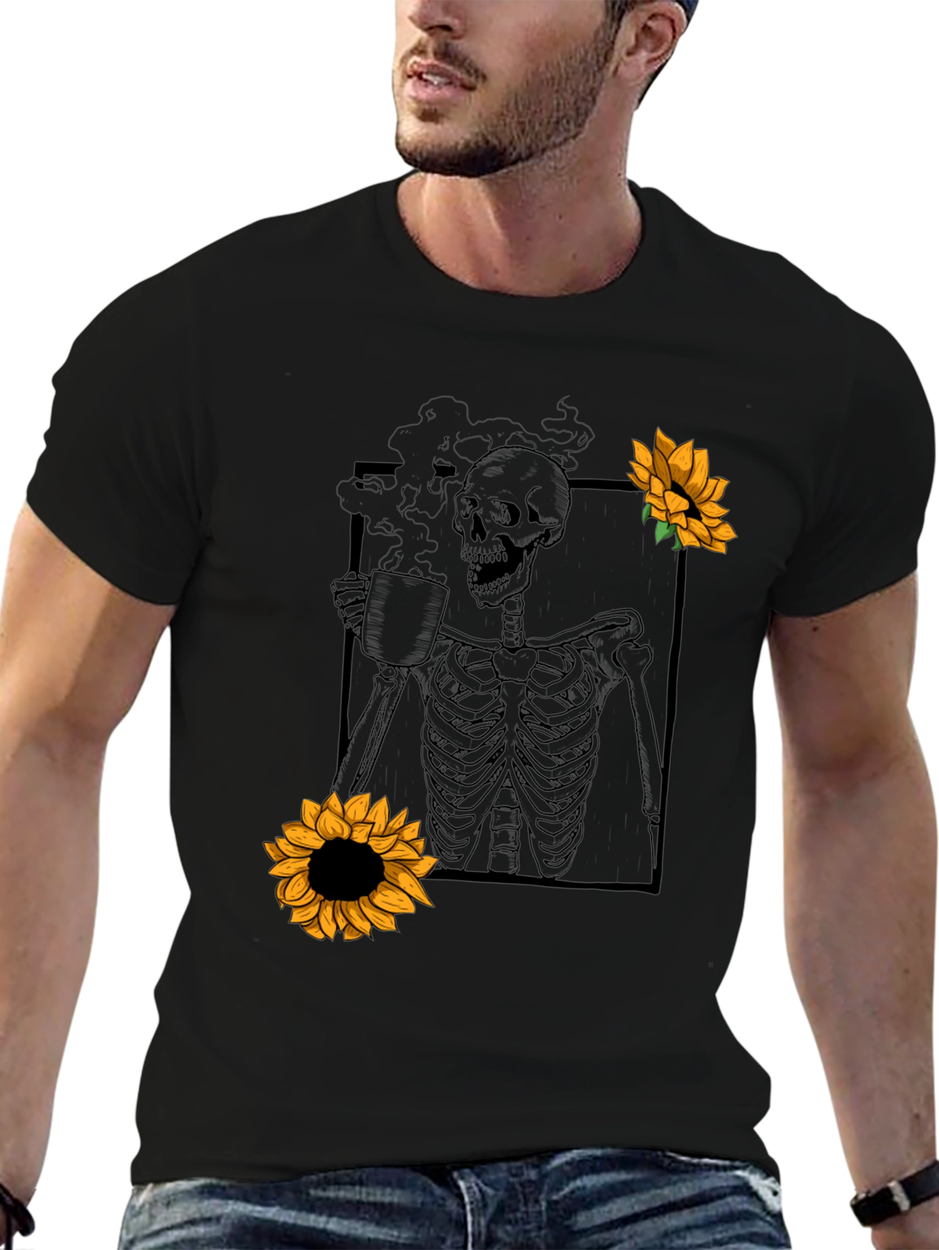 Skeleton Coffee Sunflower Graphic T-Shirt