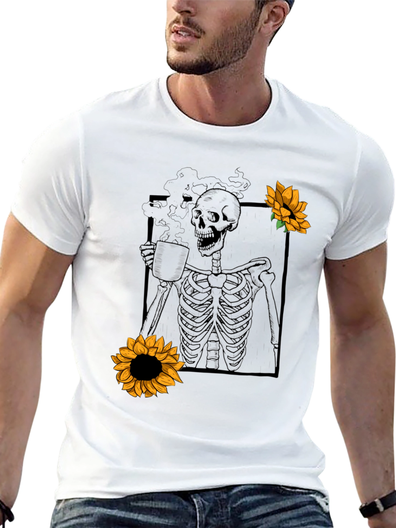 Skeleton Coffee Sunflower Graphic T-Shirt