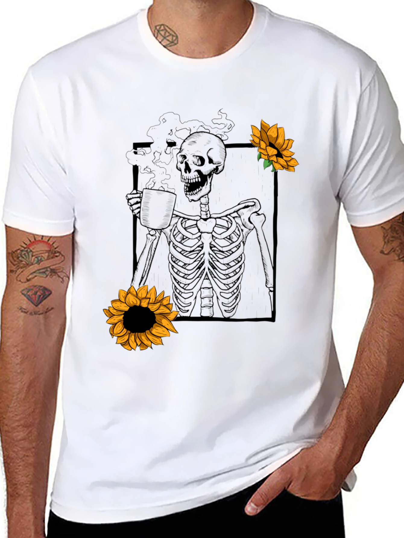 Skeleton Coffee Sunflower Graphic T-Shirt