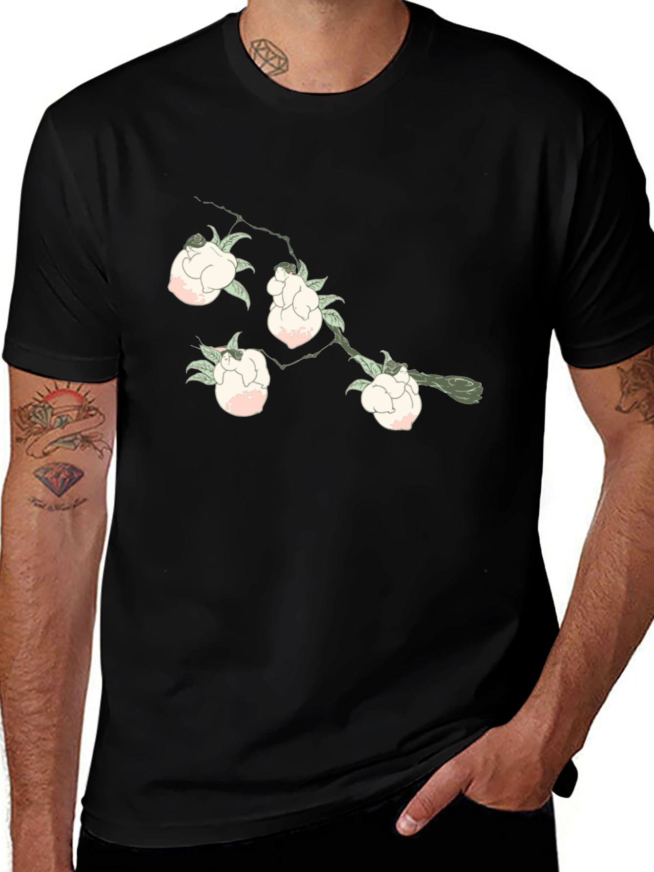 Floral Branch Print Black T-Shirt