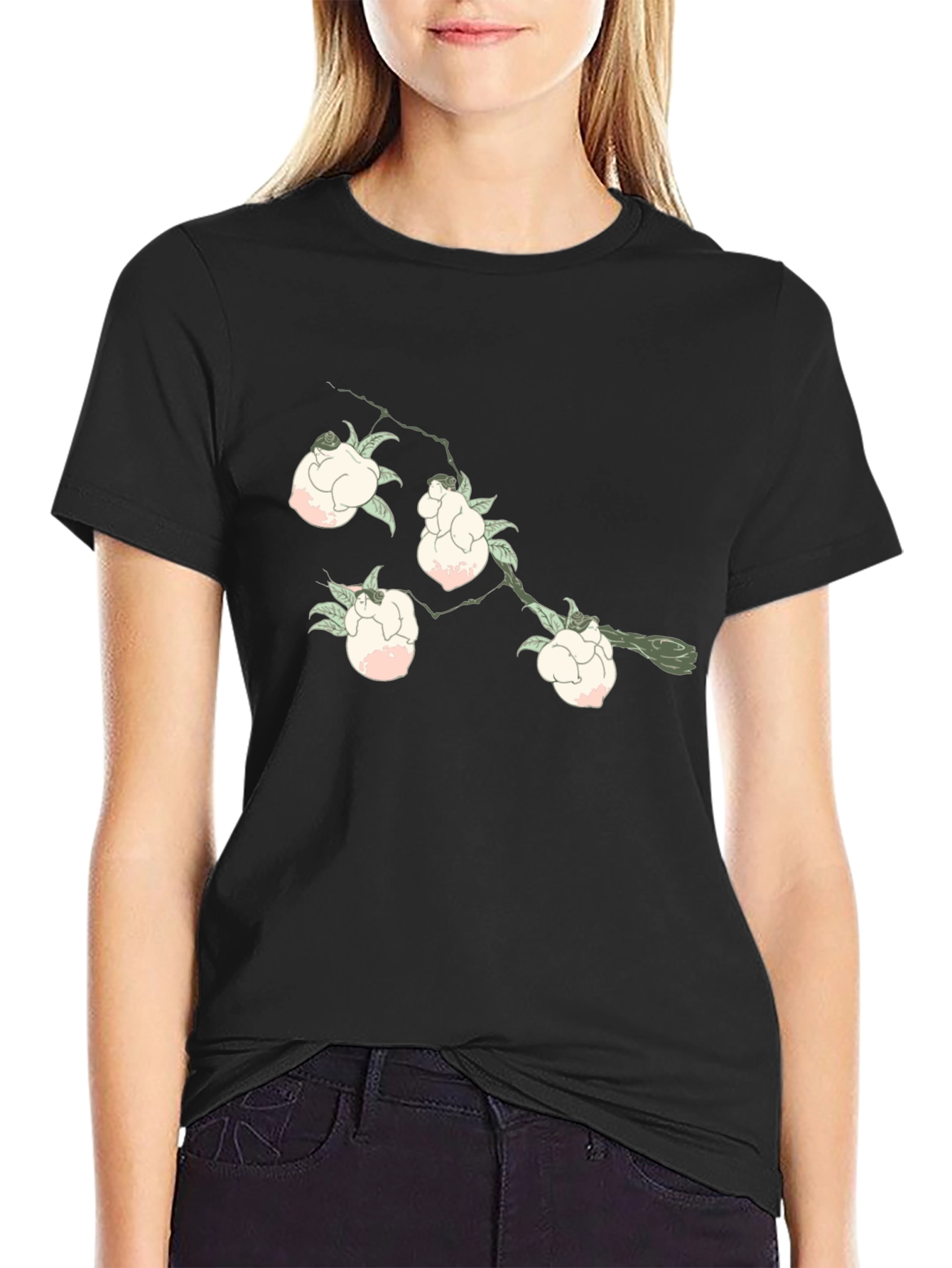 Floral Branch Print Black T-Shirt