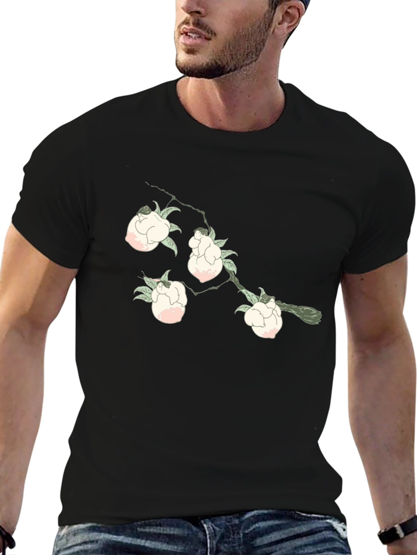 Floral Branch Print Black T-Shirt