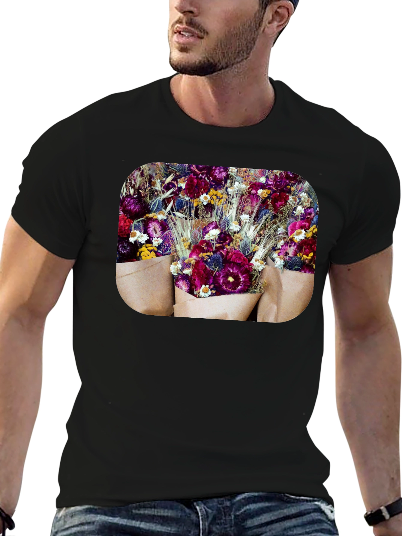 Floral Bouquet Graphic Print Black T-Shirt