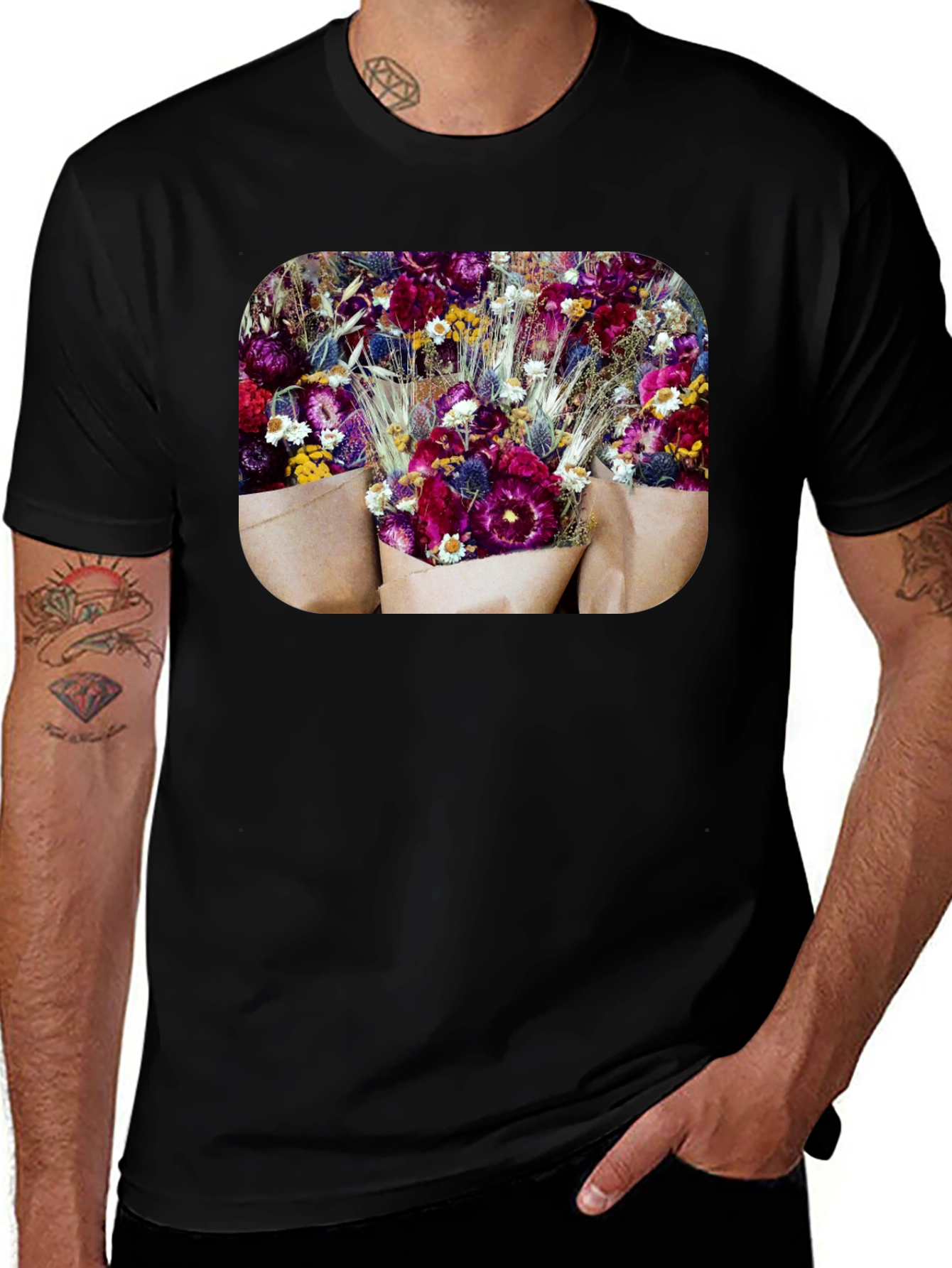 Floral Bouquet Graphic Print Black T-Shirt