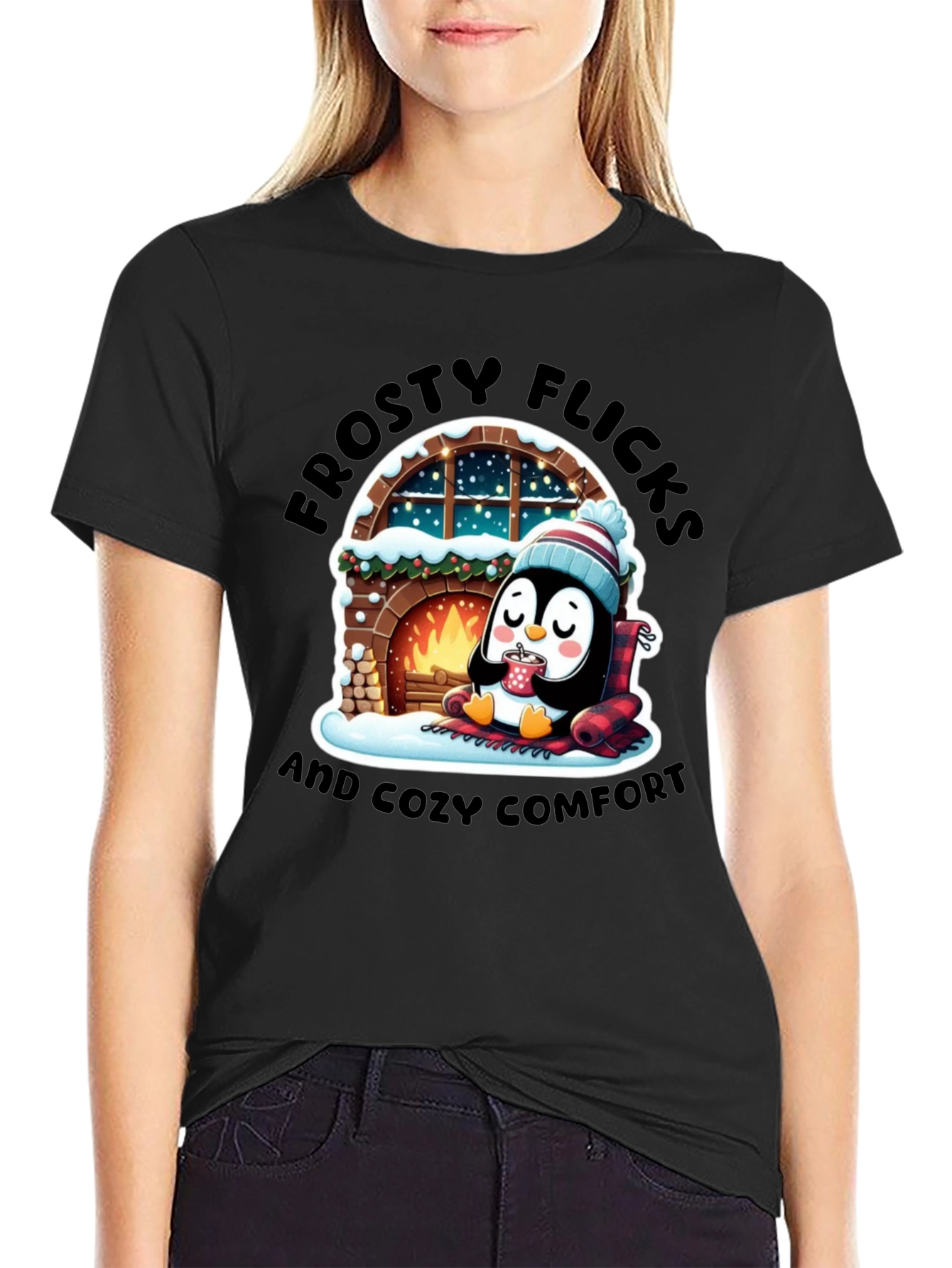 Cozy Penguin Black T-Shirt