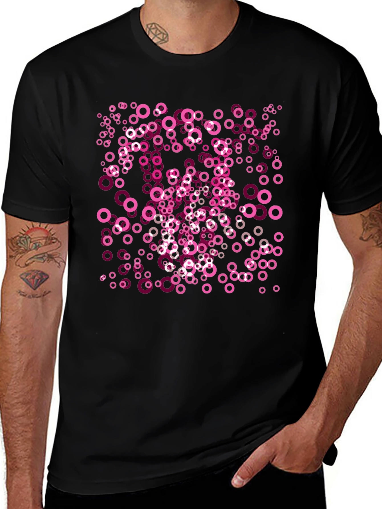 Pink Circle Pattern Black T-Shirt