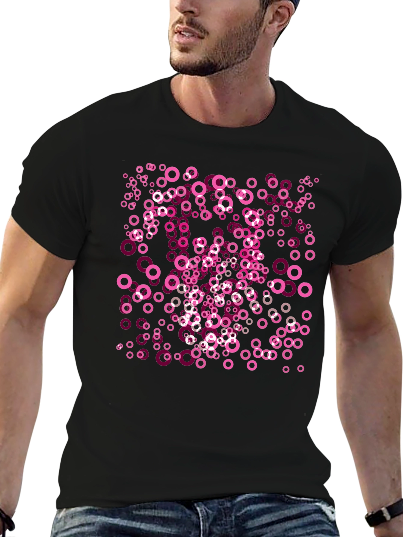 Pink Circle Pattern Black T-Shirt