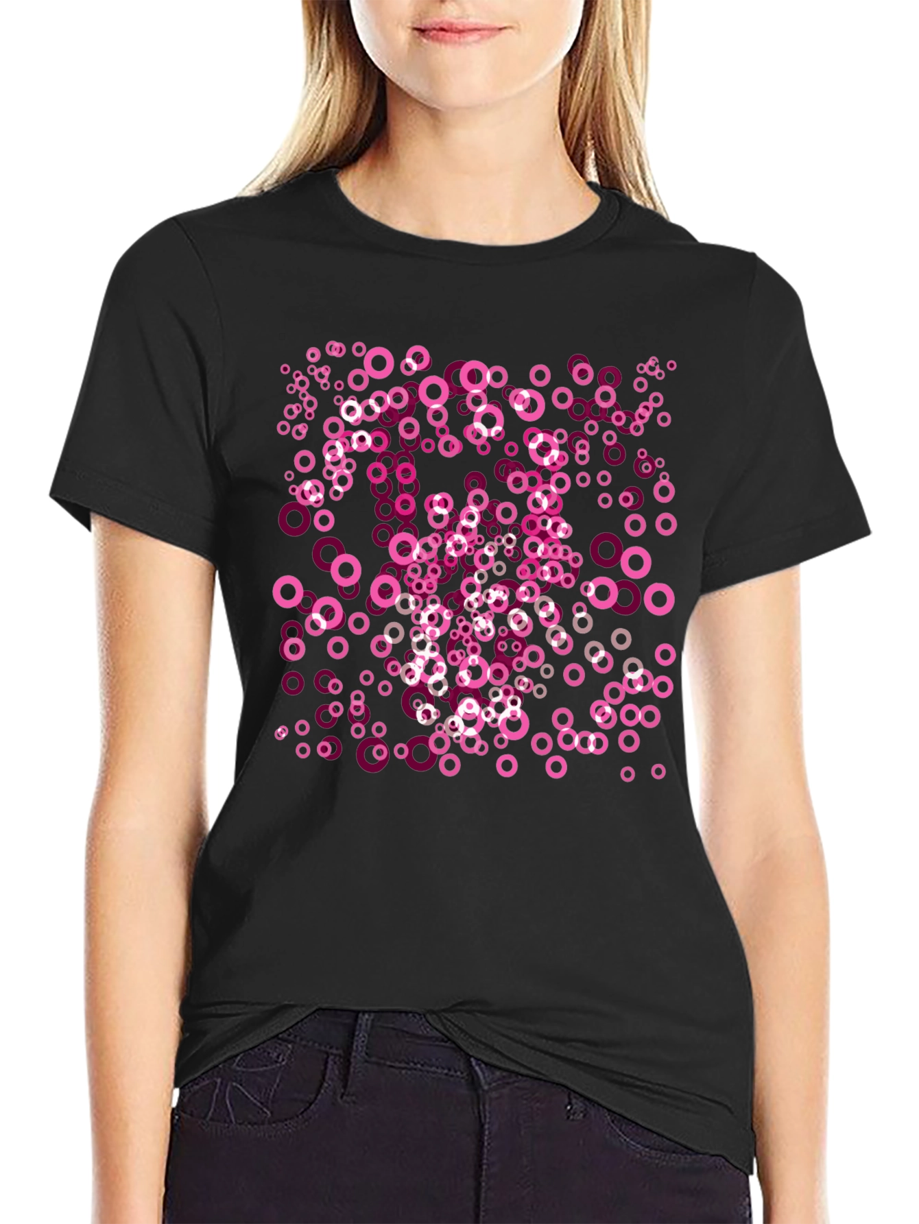 Pink Circle Pattern Black T-Shirt