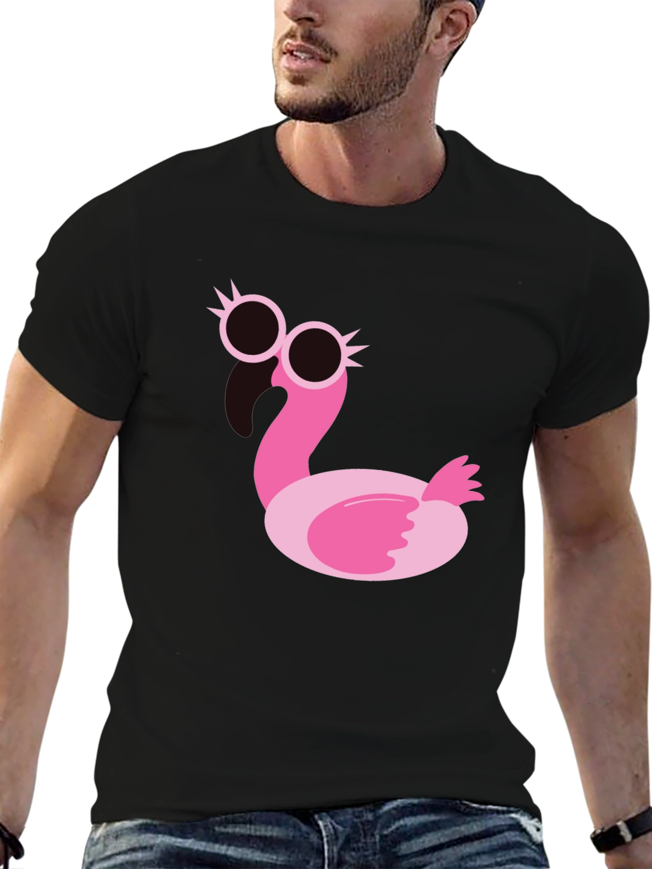 Funky Flamingo Graphic Tee - Black Cotton T-Shirt